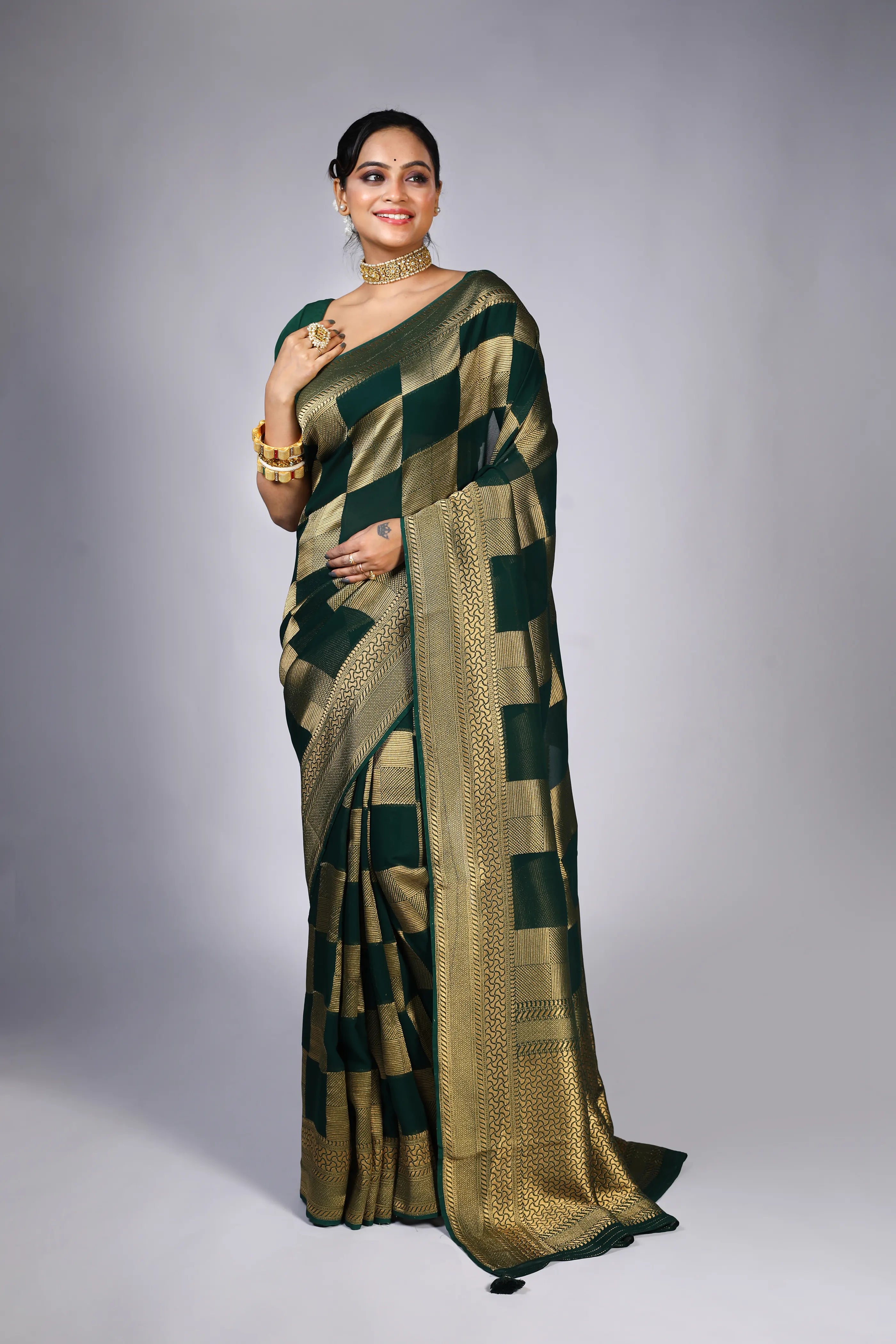 Bottle Green Georgette Banarasi Saree With Blouse Piece