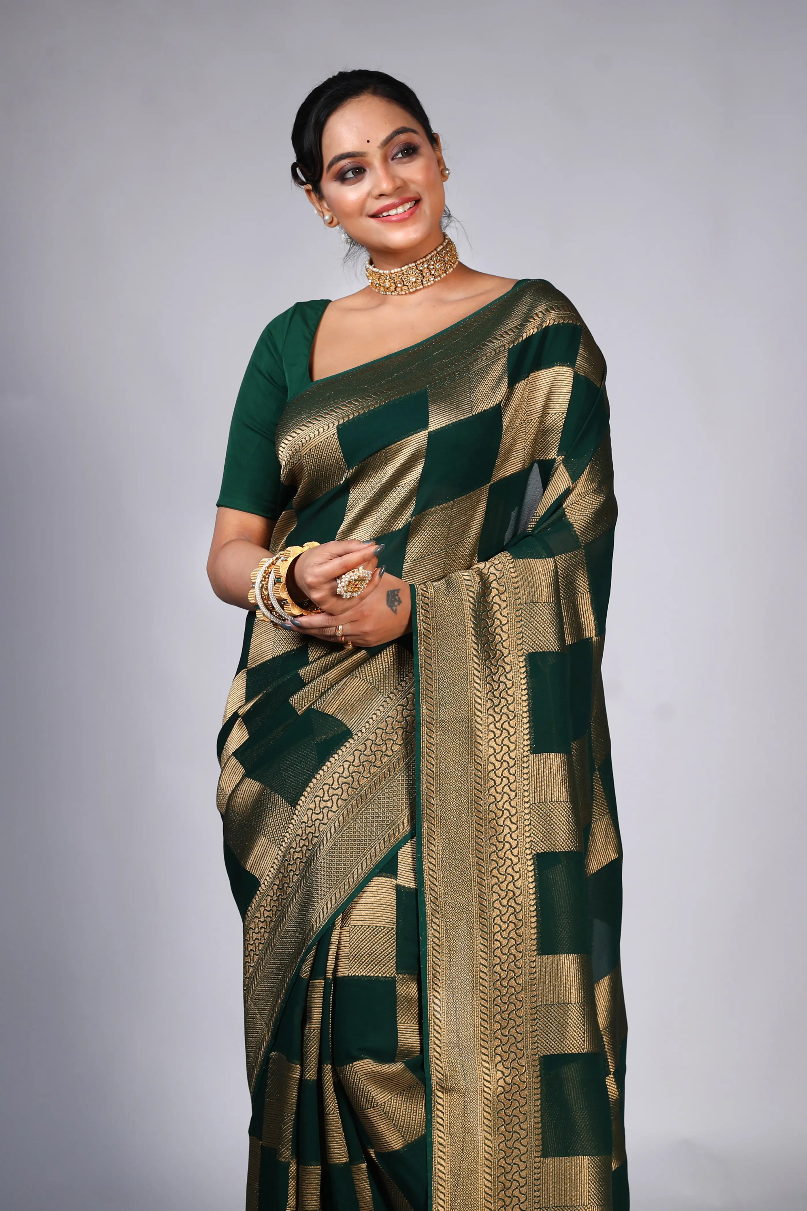Bottle Green Georgette Banarasi Saree With Blouse Piece