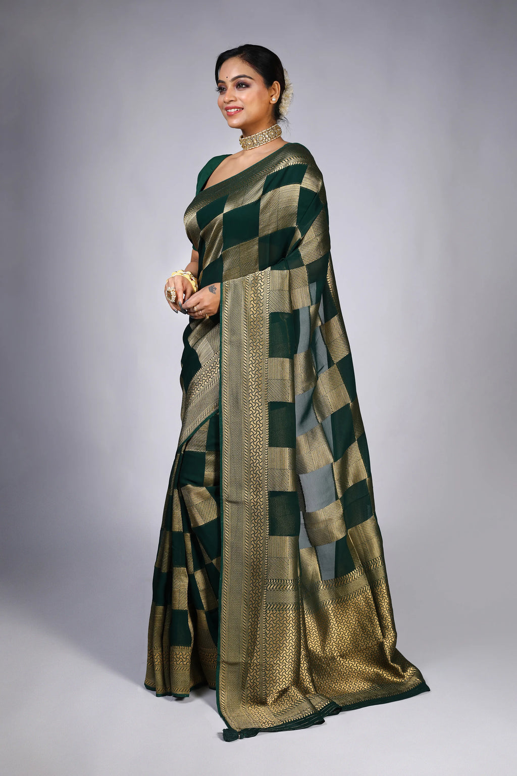 Bottle Green Georgette Banarasi Saree With Blouse Piece