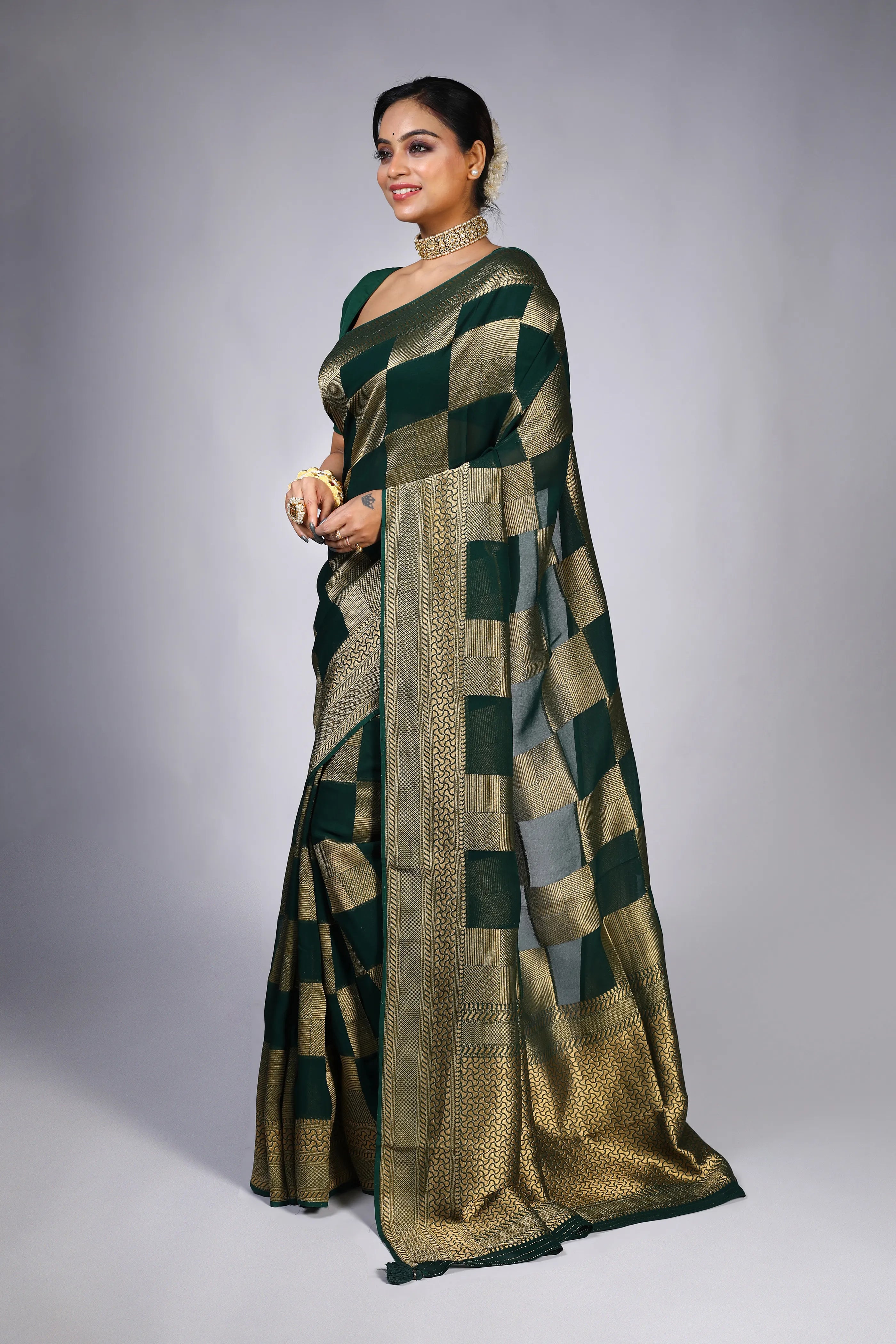 Bottle Green Georgette Banarasi Saree With Blouse Piece