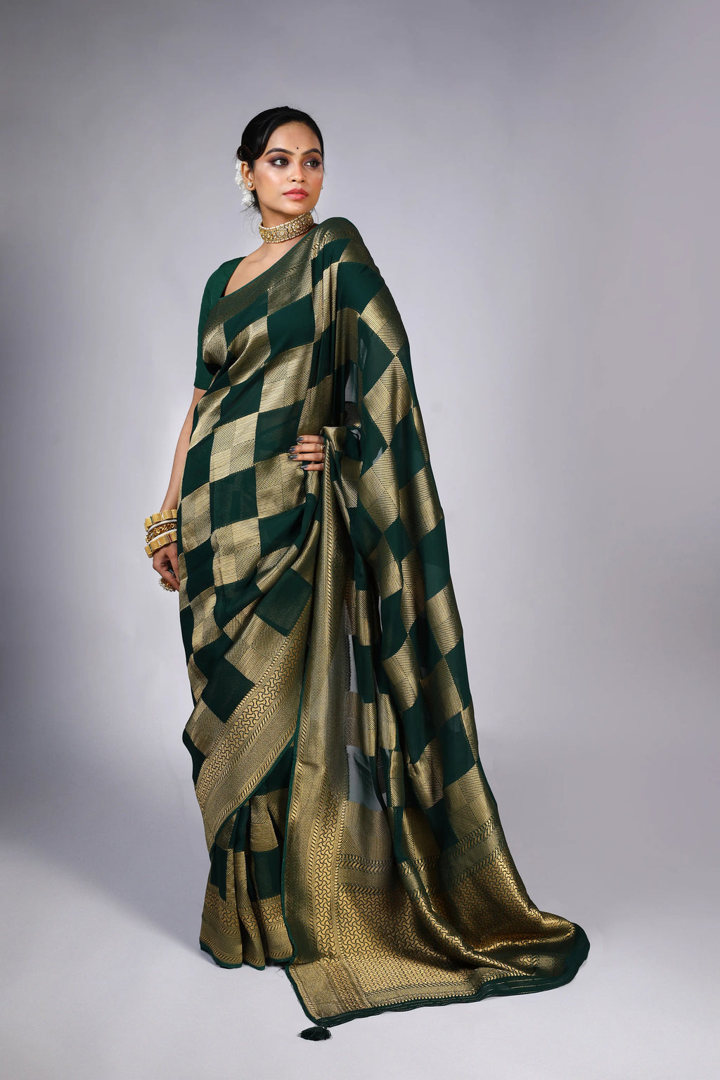 Bottle Green Georgette Banarasi Saree With Blouse Piece