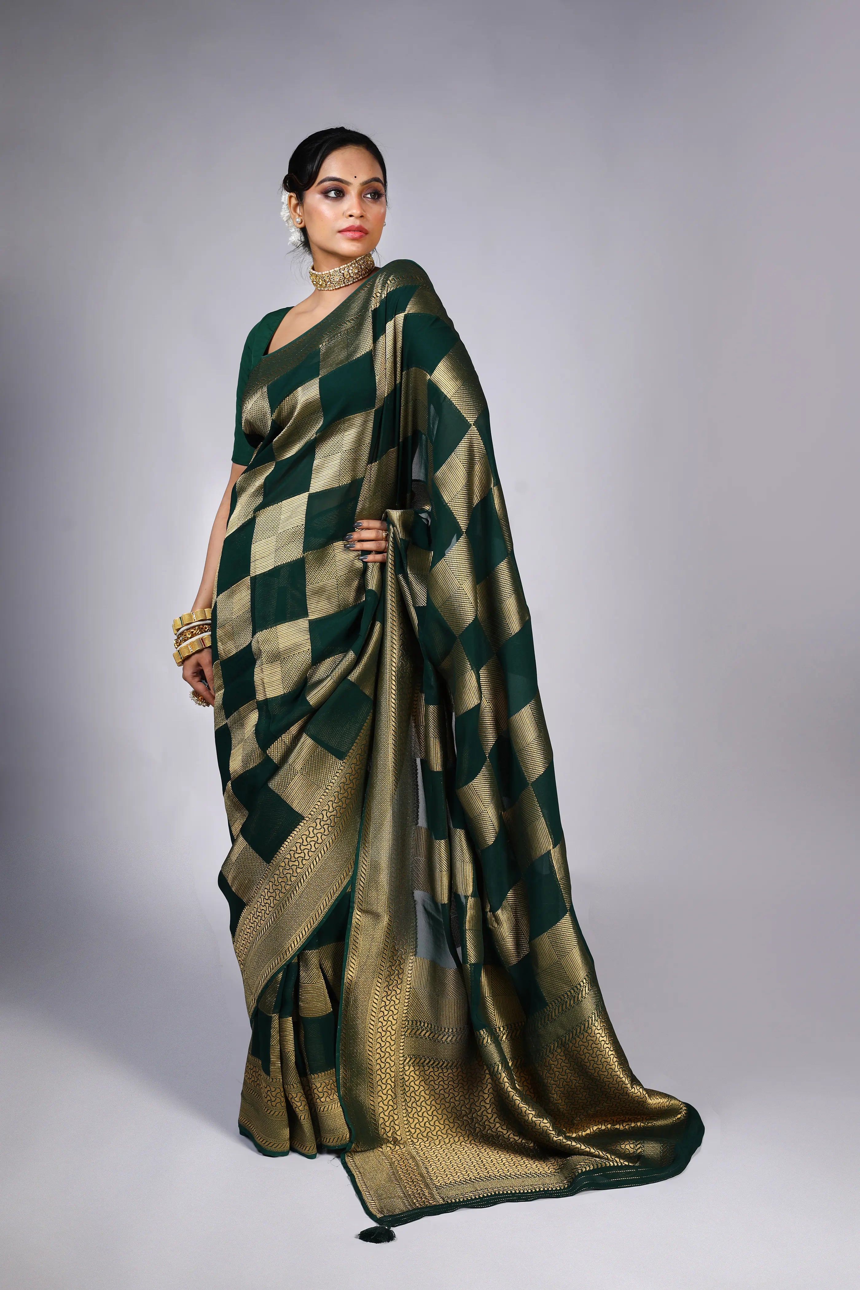 Bottle Green Georgette Banarasi Saree With Blouse Piece