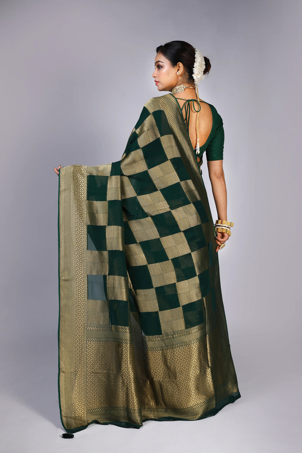 Bottle Green Georgette Banarasi Saree With Blouse Piece
