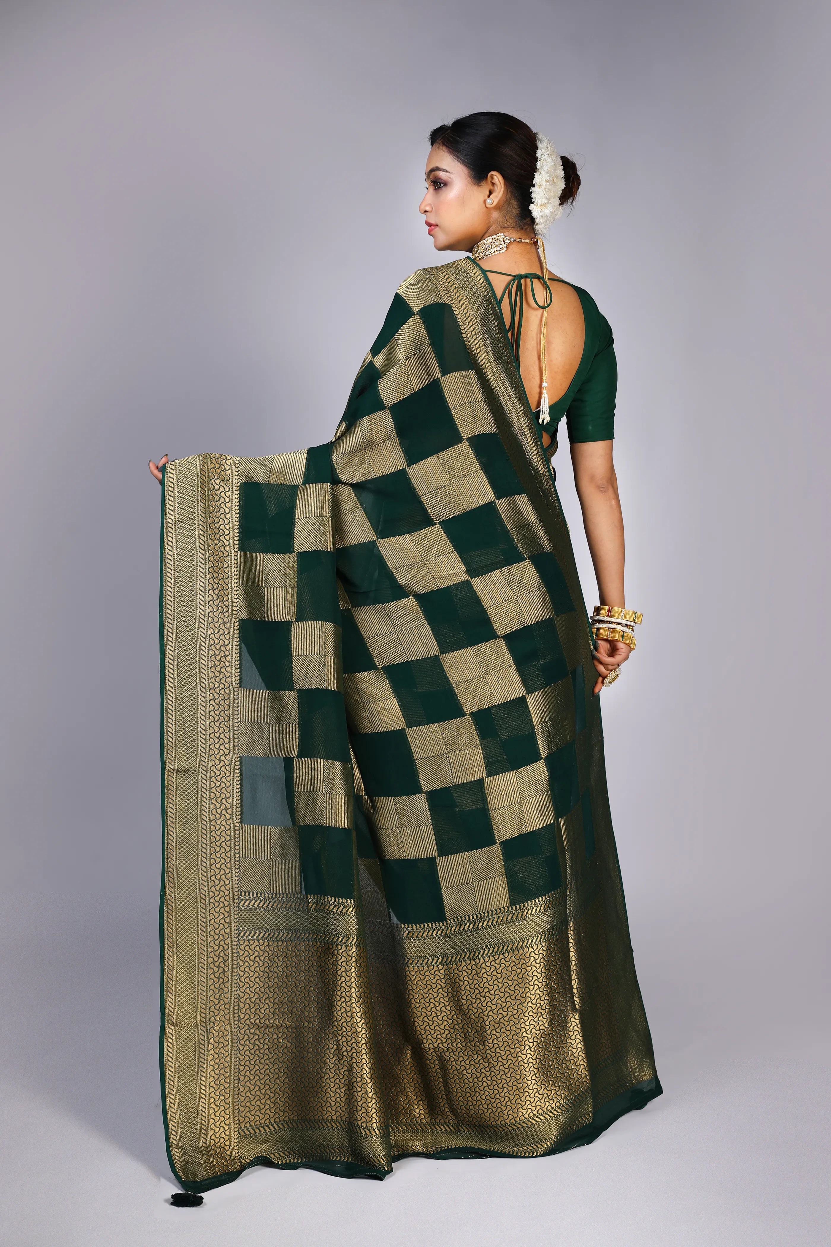Bottle Green Georgette Banarasi Saree With Blouse Piece