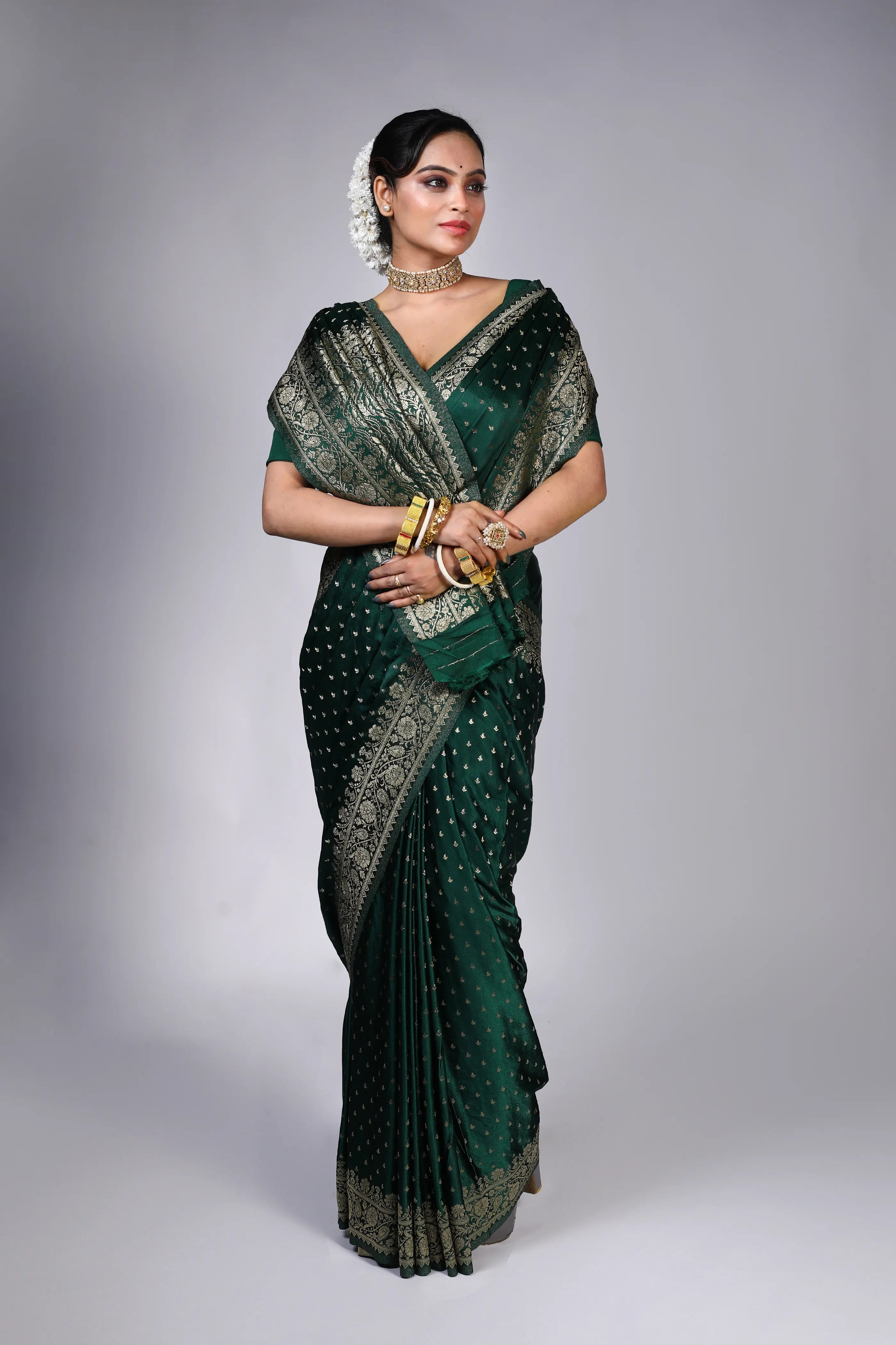 Bottle Green Blended Crepe Banarasi Saree With Blouse Piece