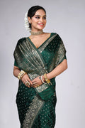Bottle Green Blended Crepe Banarasi Saree With Blouse Piece