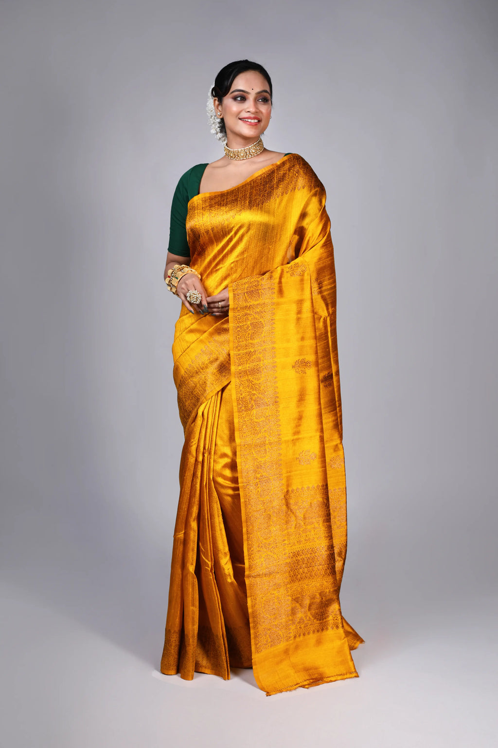 Mustard Yellow Raw Silk Banarasi Saree With Blouse Piece