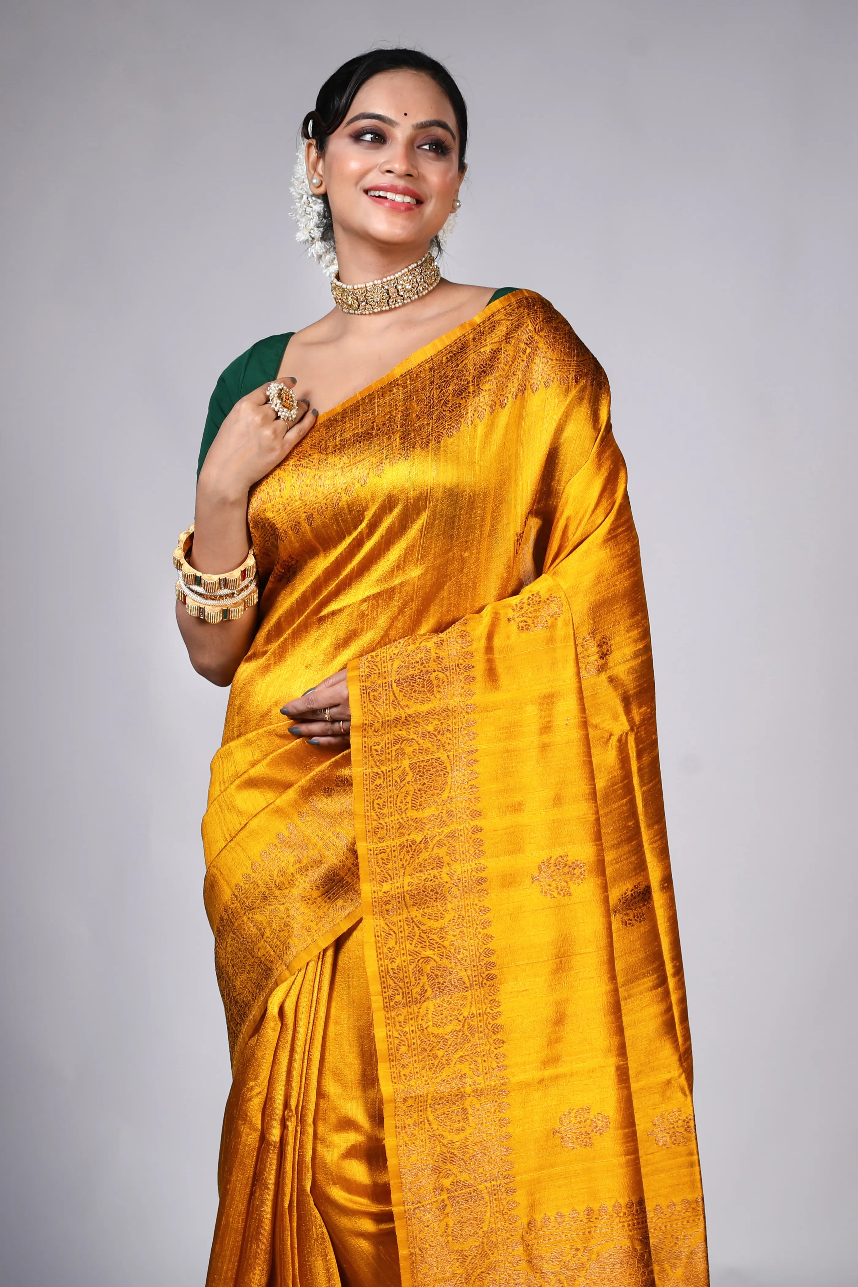 Mustard Yellow Raw Silk Banarasi Saree With Blouse Piece