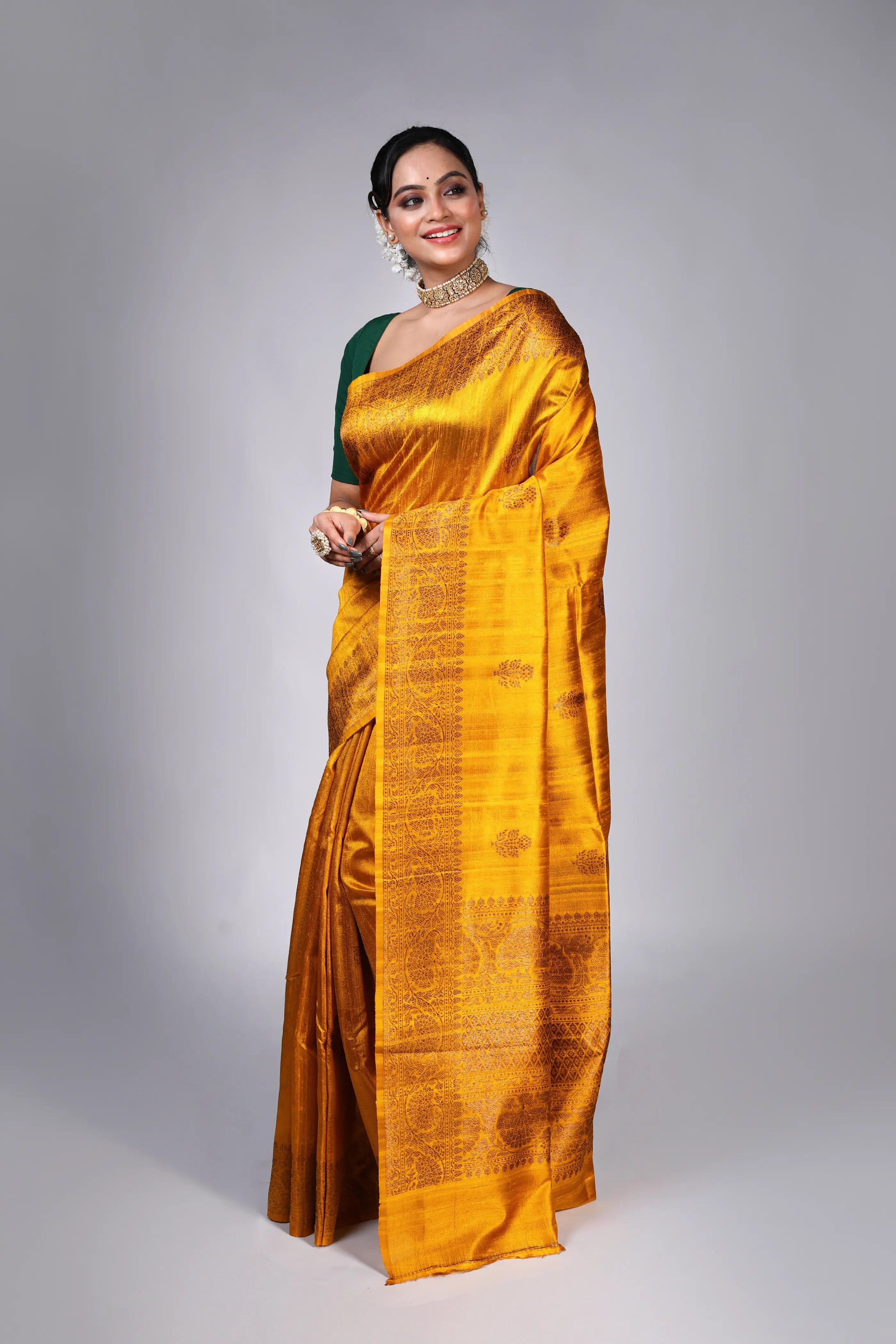 Mustard Yellow Raw Silk Banarasi Saree With Blouse Piece