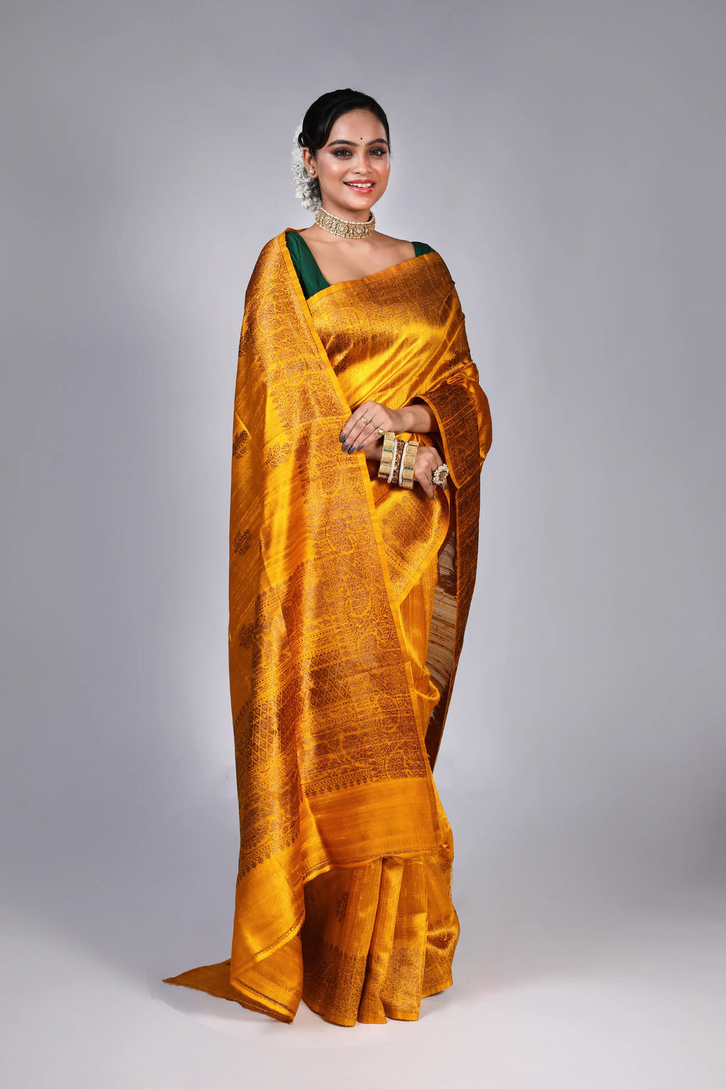 Mustard Yellow Raw Silk Banarasi Saree With Blouse Piece