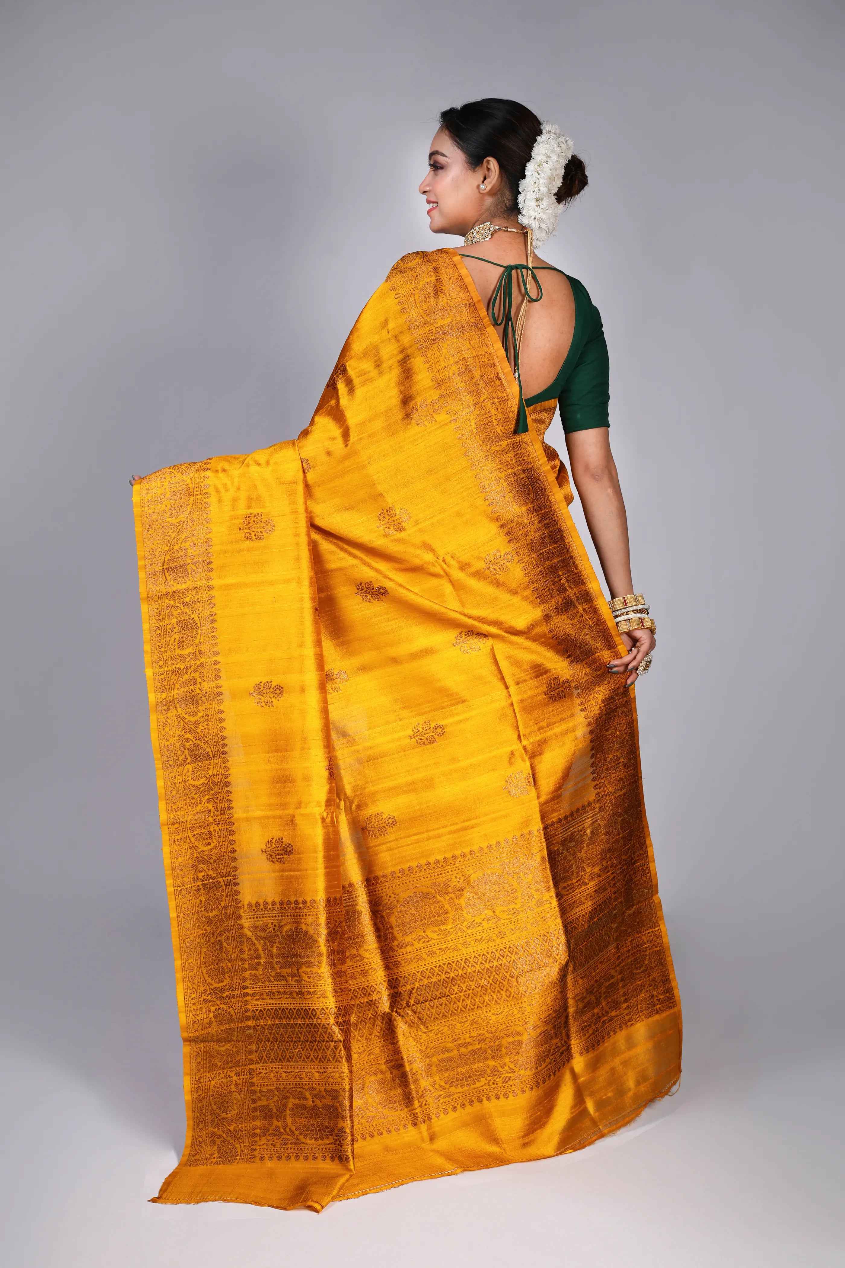 Mustard Yellow Raw Silk Banarasi Saree With Blouse Piece