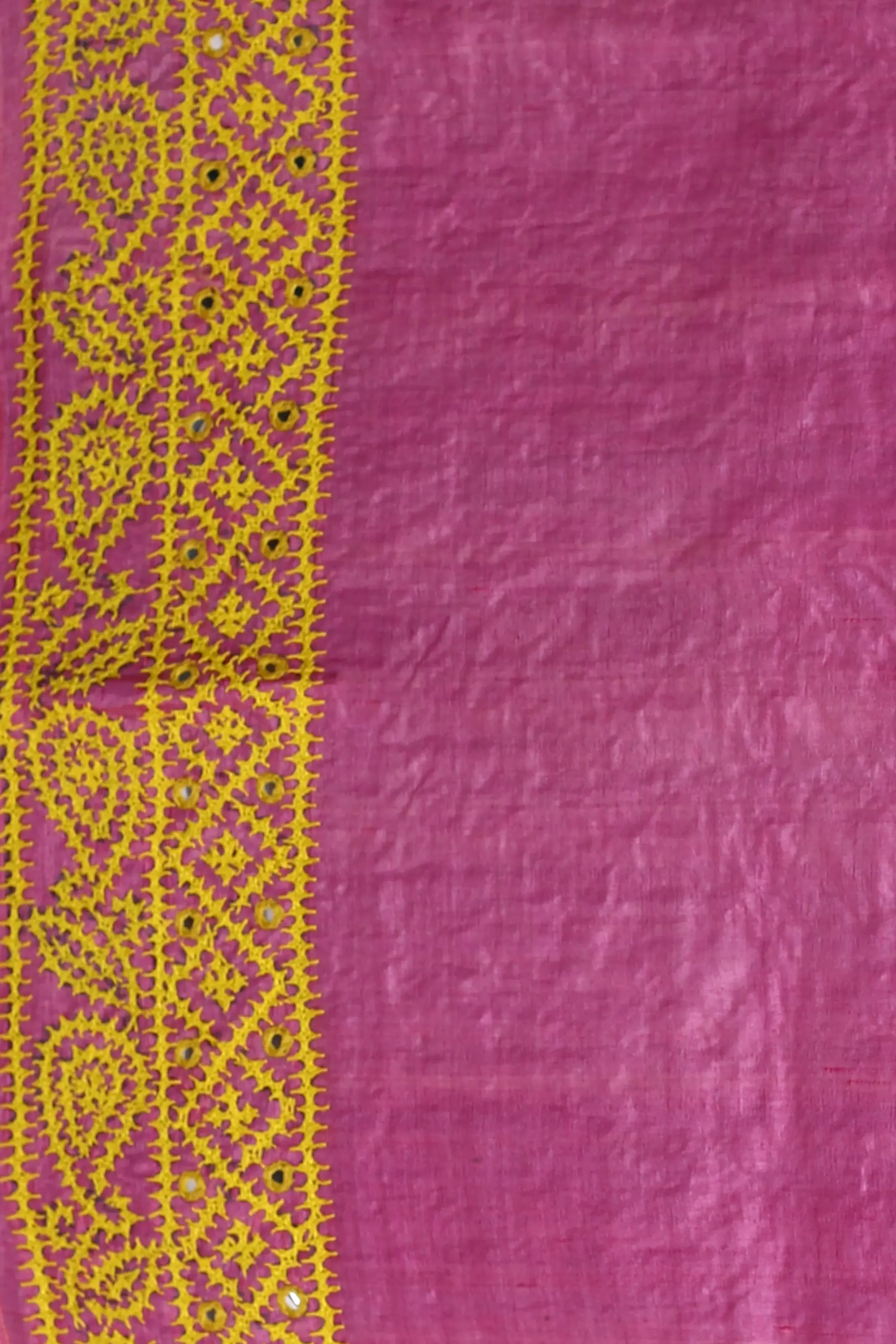 Yellow Pink Tussar Gujarati Saree With Blouse Piece