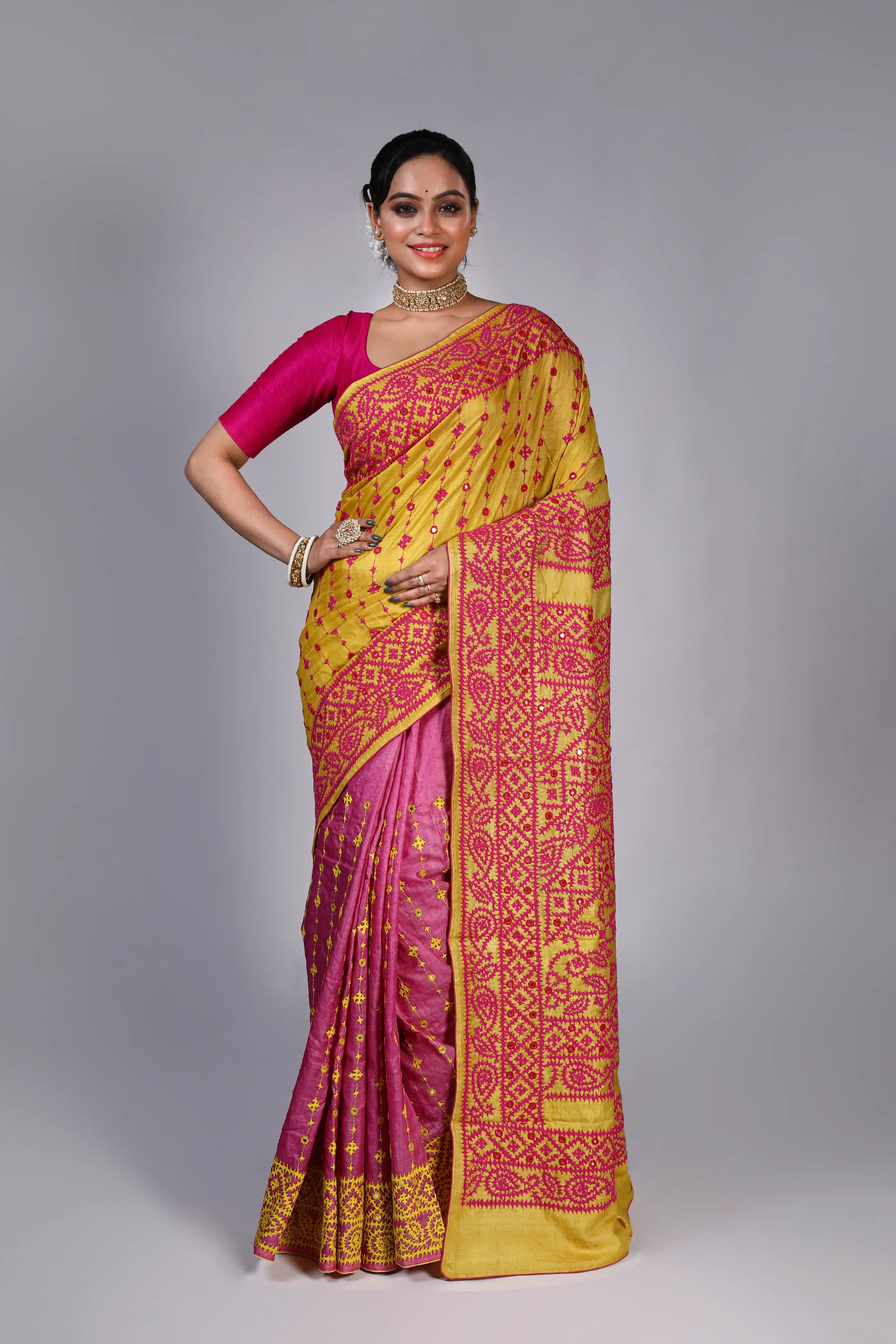 Yellow Pink Tussar Gujarati Saree With Blouse Piece