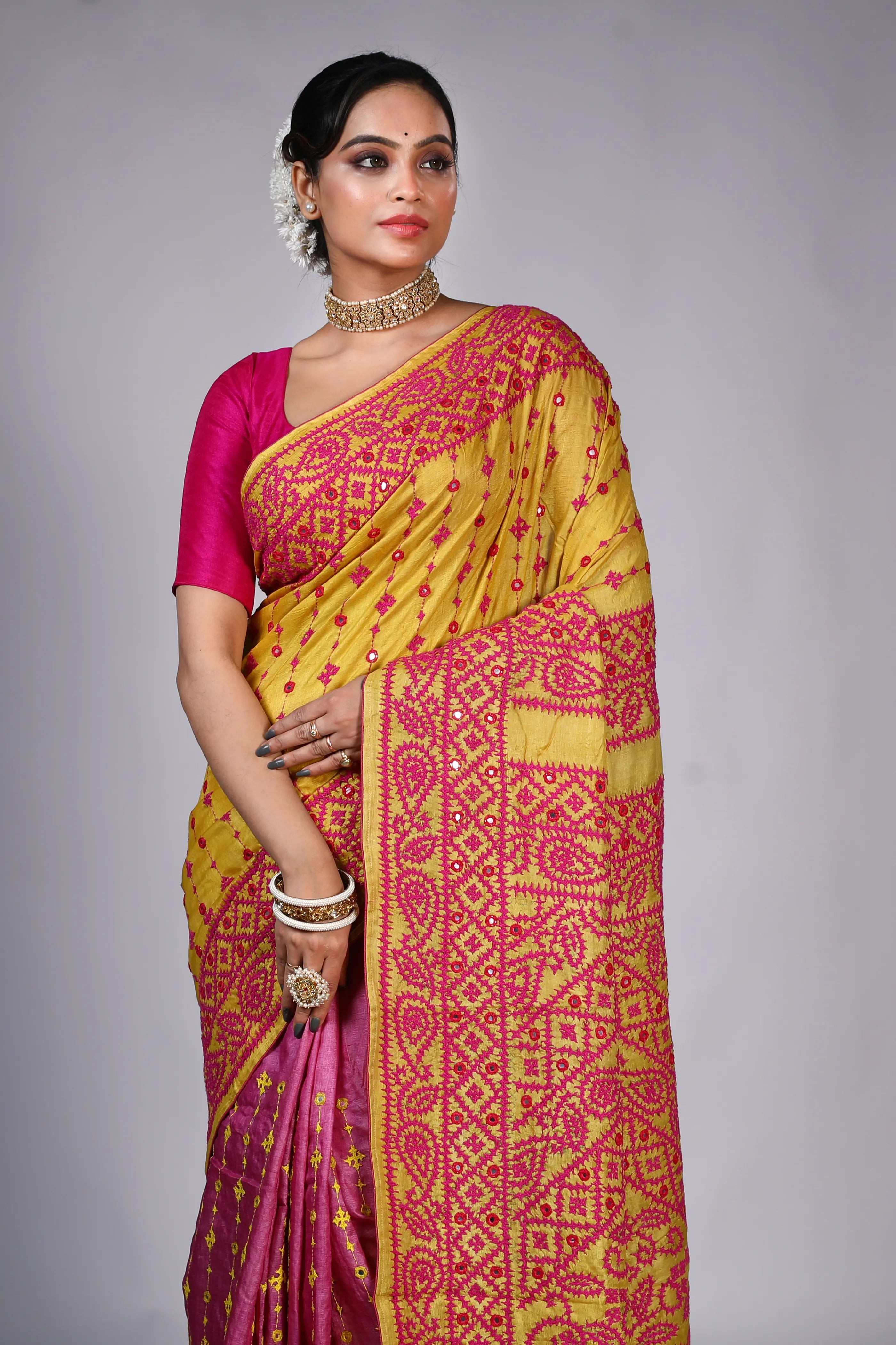 Yellow Pink Tussar Gujarati Saree With Blouse Piece