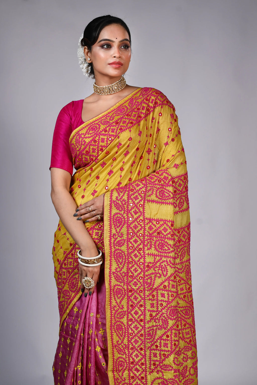 Yellow Pink Tussar Gujarati Saree With Blouse Piece