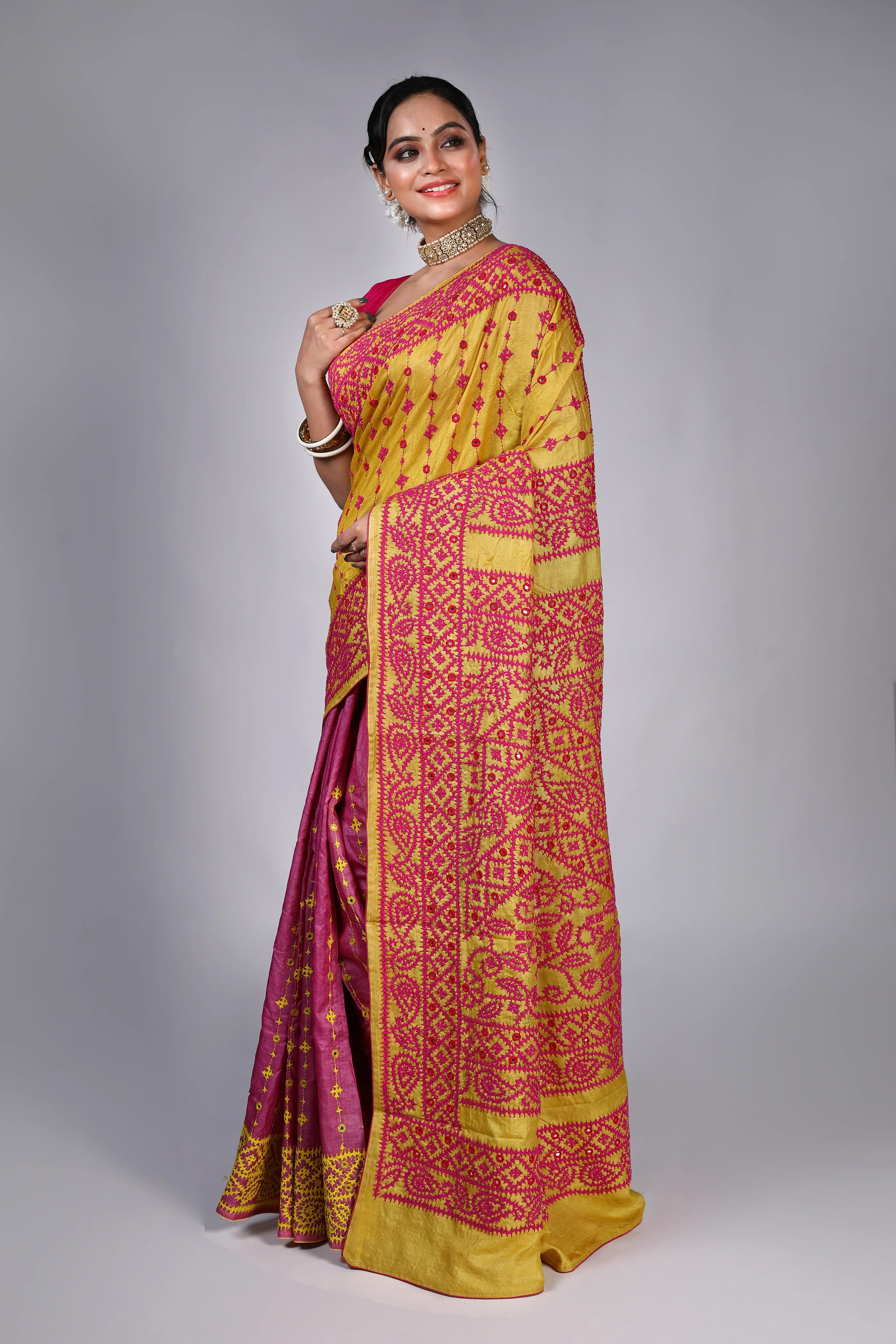 Yellow Pink Tussar Gujarati Saree With Blouse Piece
