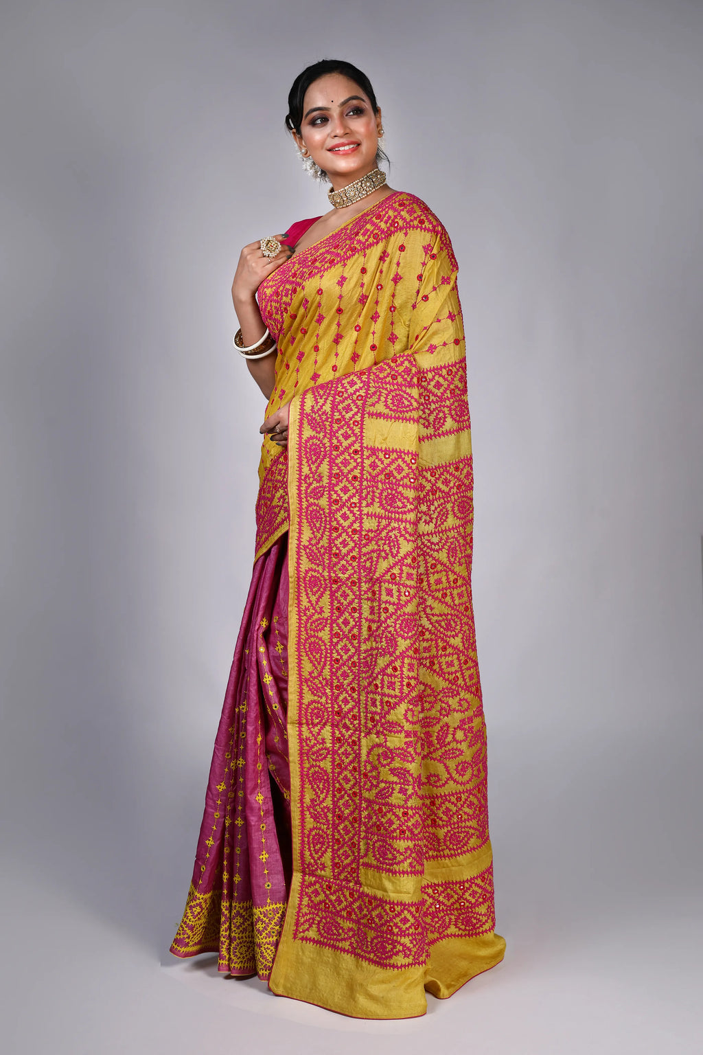 Yellow Pink Tussar Gujarati Saree With Blouse Piece