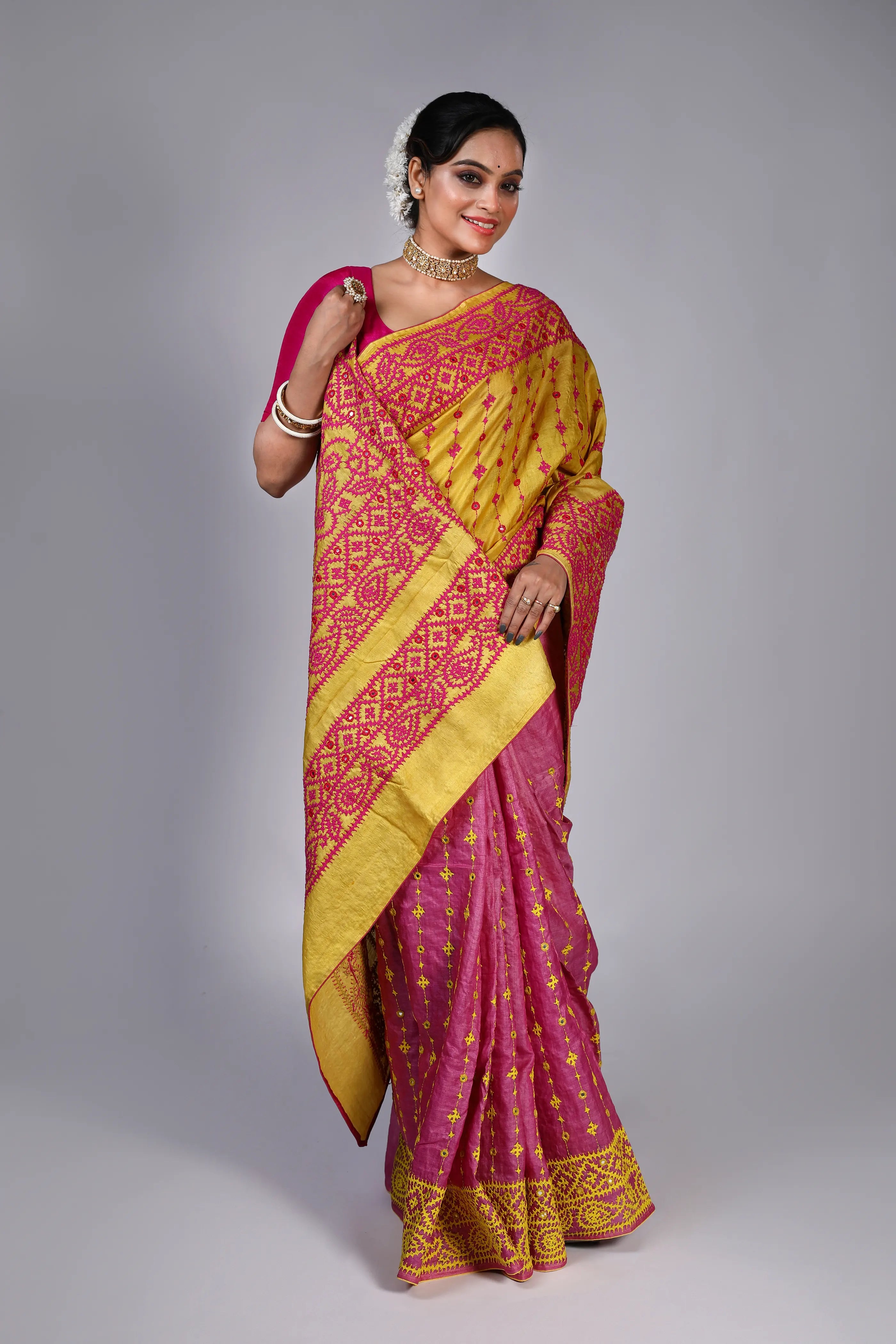 Yellow Pink Tussar Gujarati Saree With Blouse Piece
