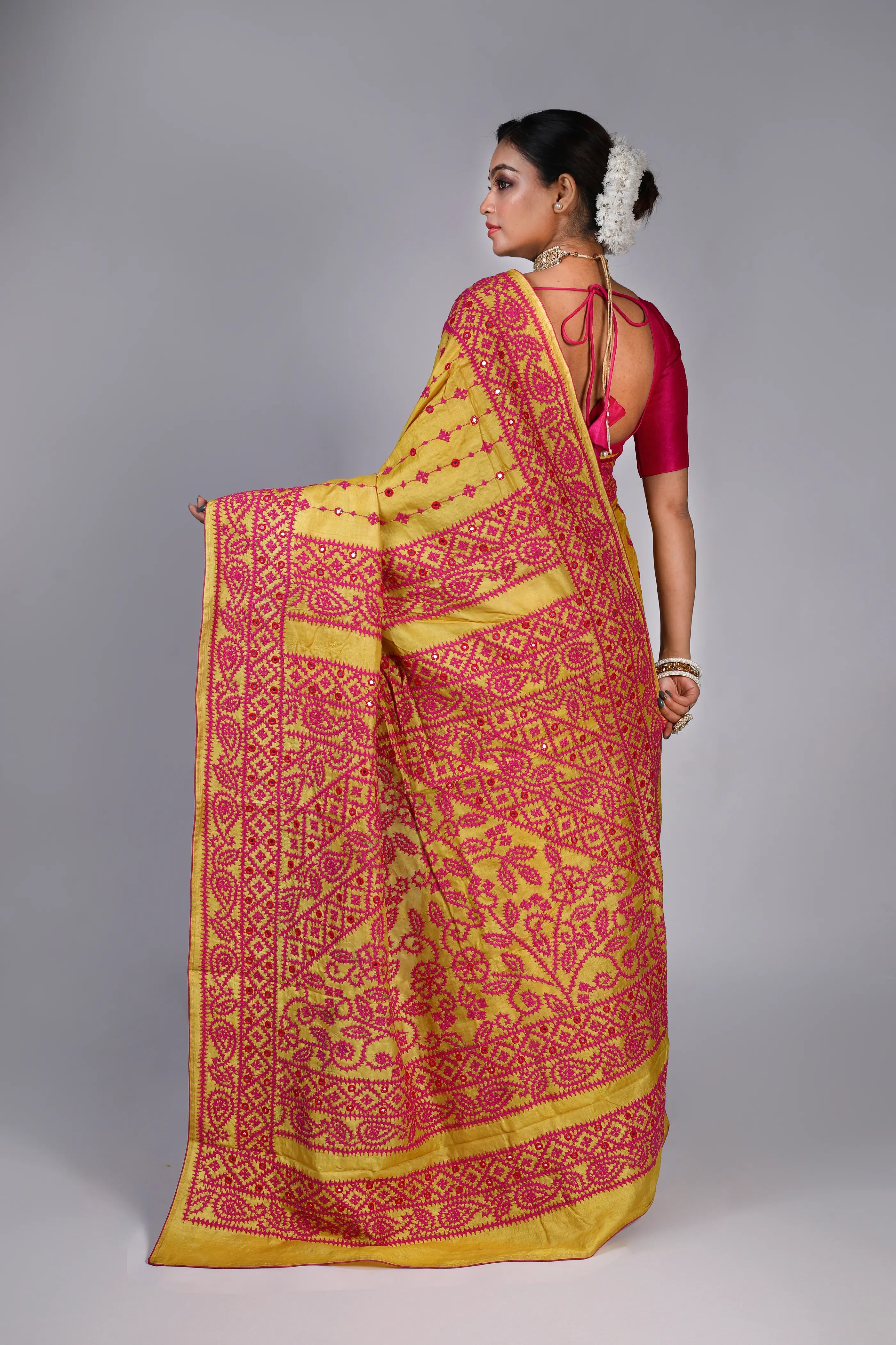 Yellow Pink Tussar Gujarati Saree With Blouse Piece