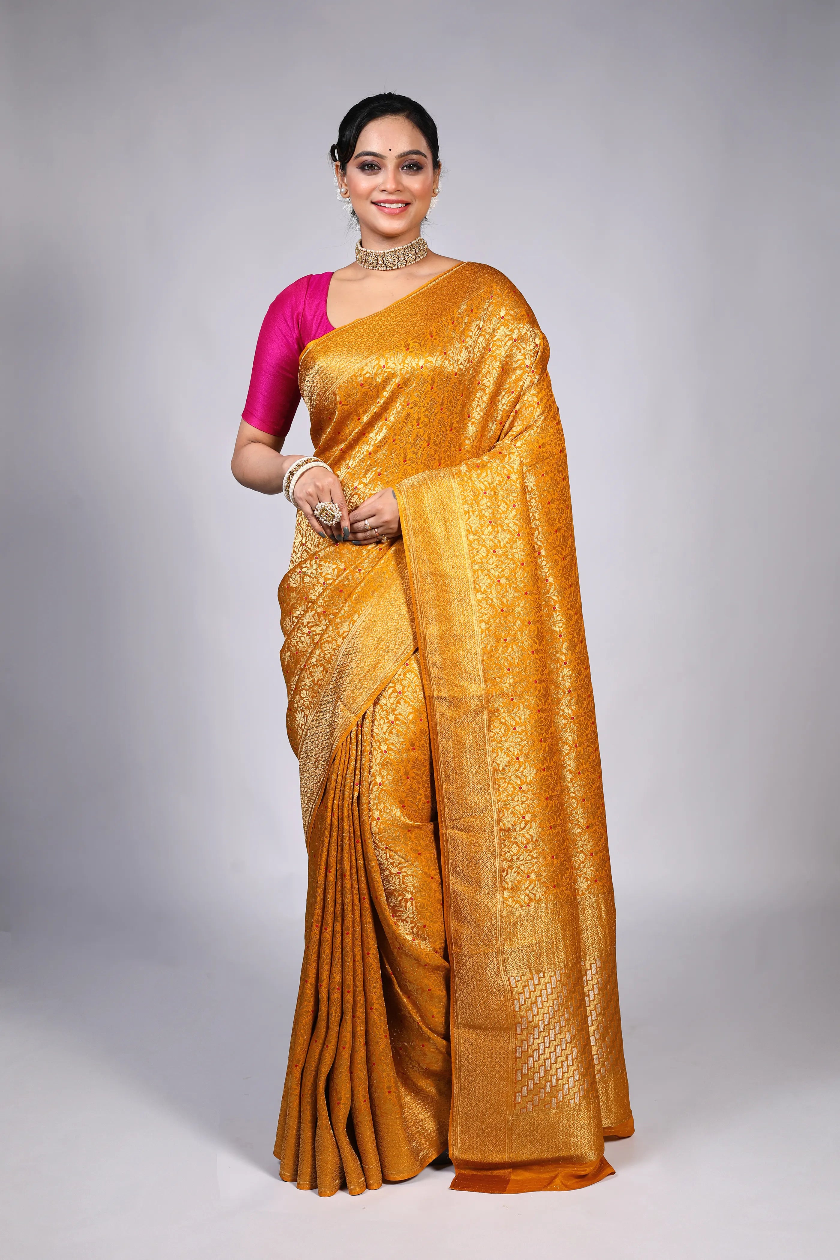 Mustard Yellow Semi Mashru Banarasi Saree With Blouse Piece