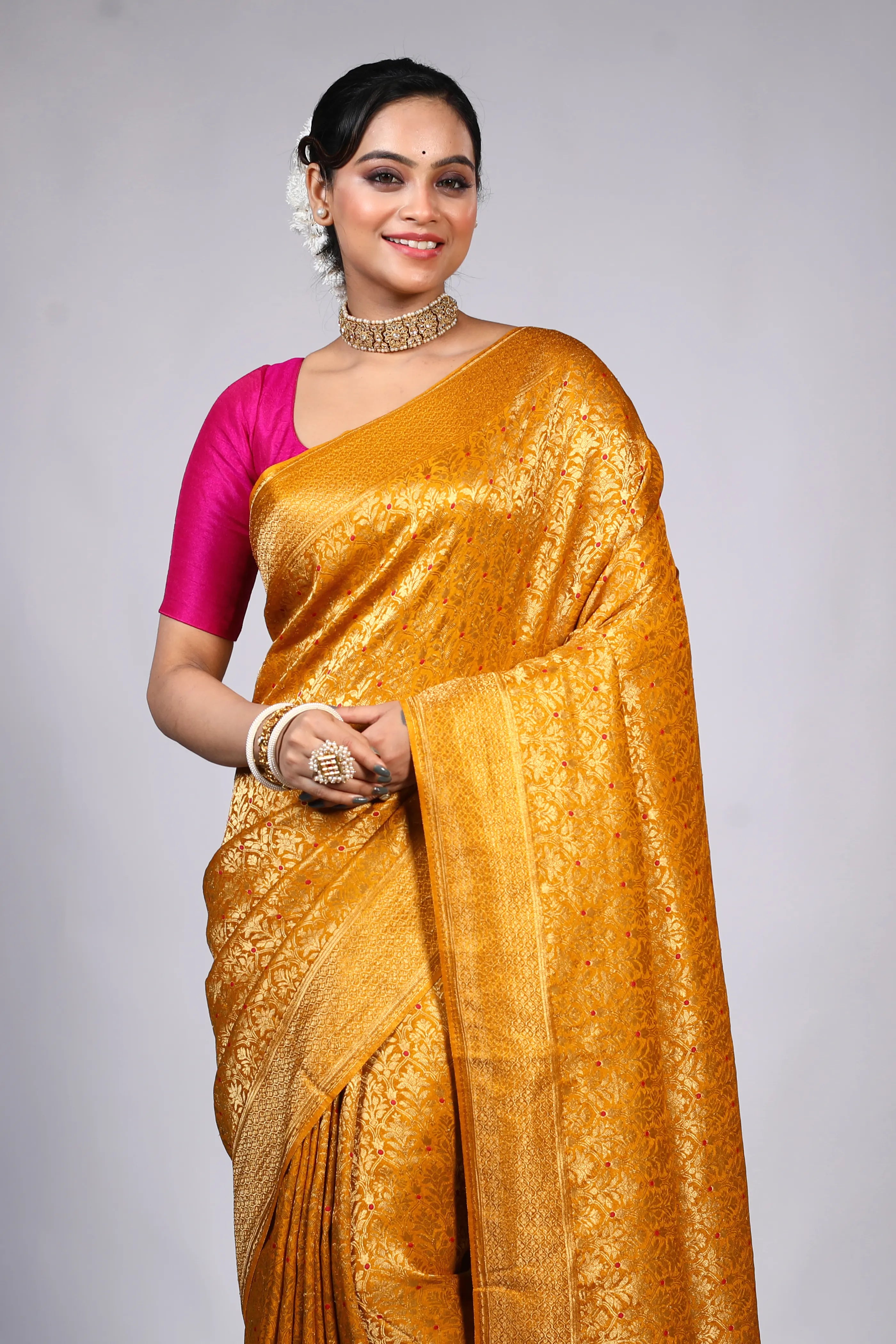 Mustard Yellow Semi Mashru Banarasi Saree With Blouse Piece
