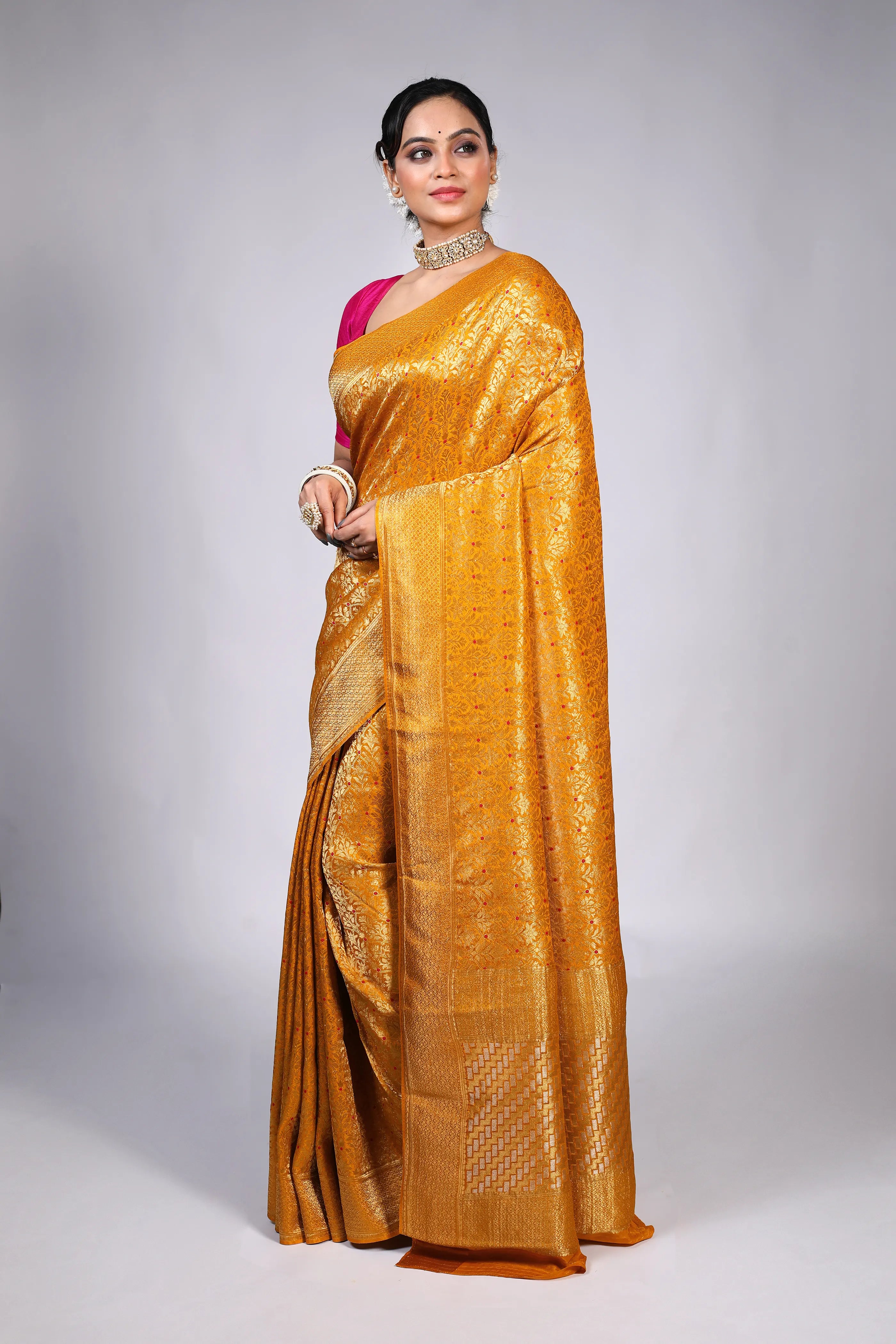 Mustard Yellow Semi Mashru Banarasi Saree With Blouse Piece