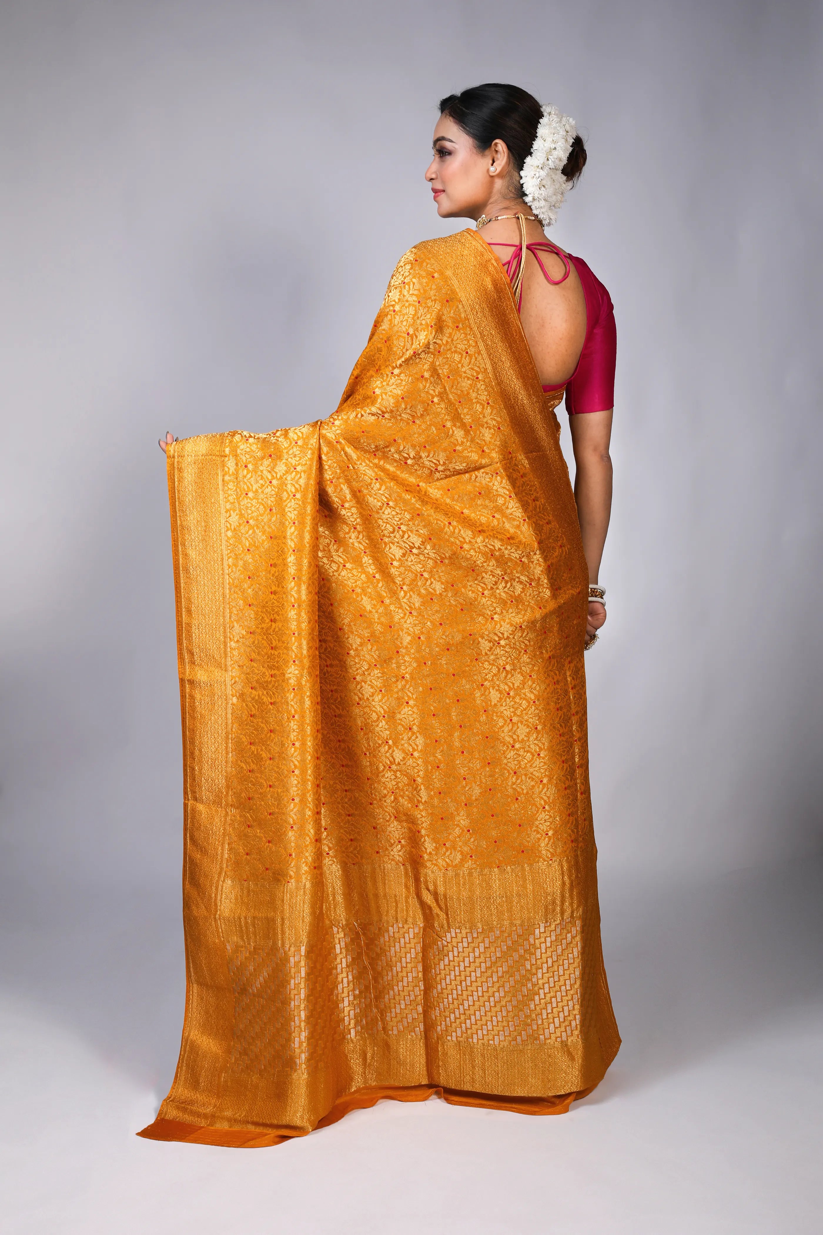Mustard Yellow Semi Mashru Banarasi Saree With Blouse Piece