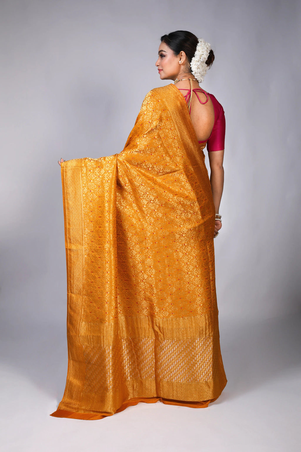 Mustard Yellow Semi Mashru Banarasi Saree With Blouse Piece