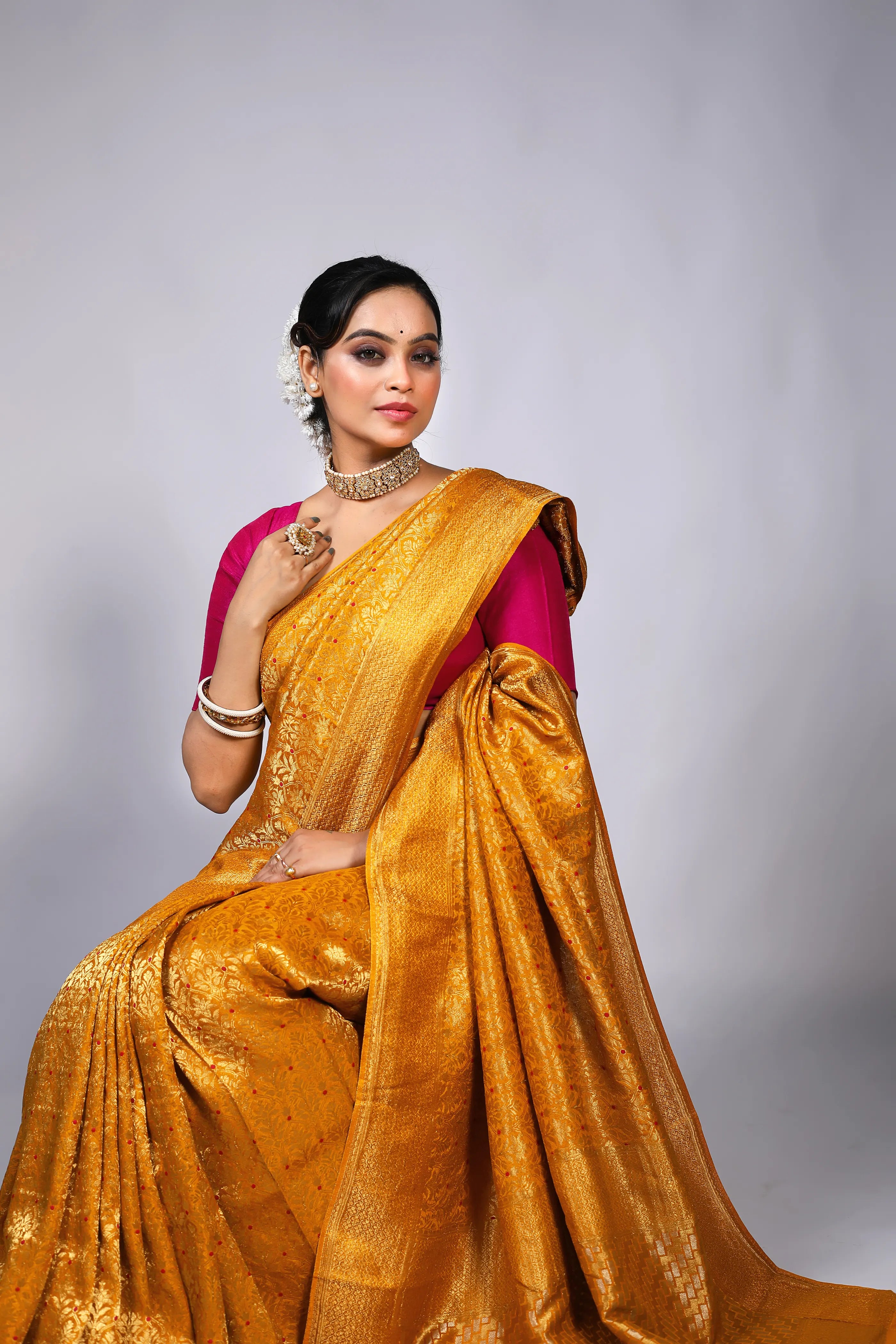 Mustard Yellow Semi Mashru Banarasi Saree With Blouse Piece