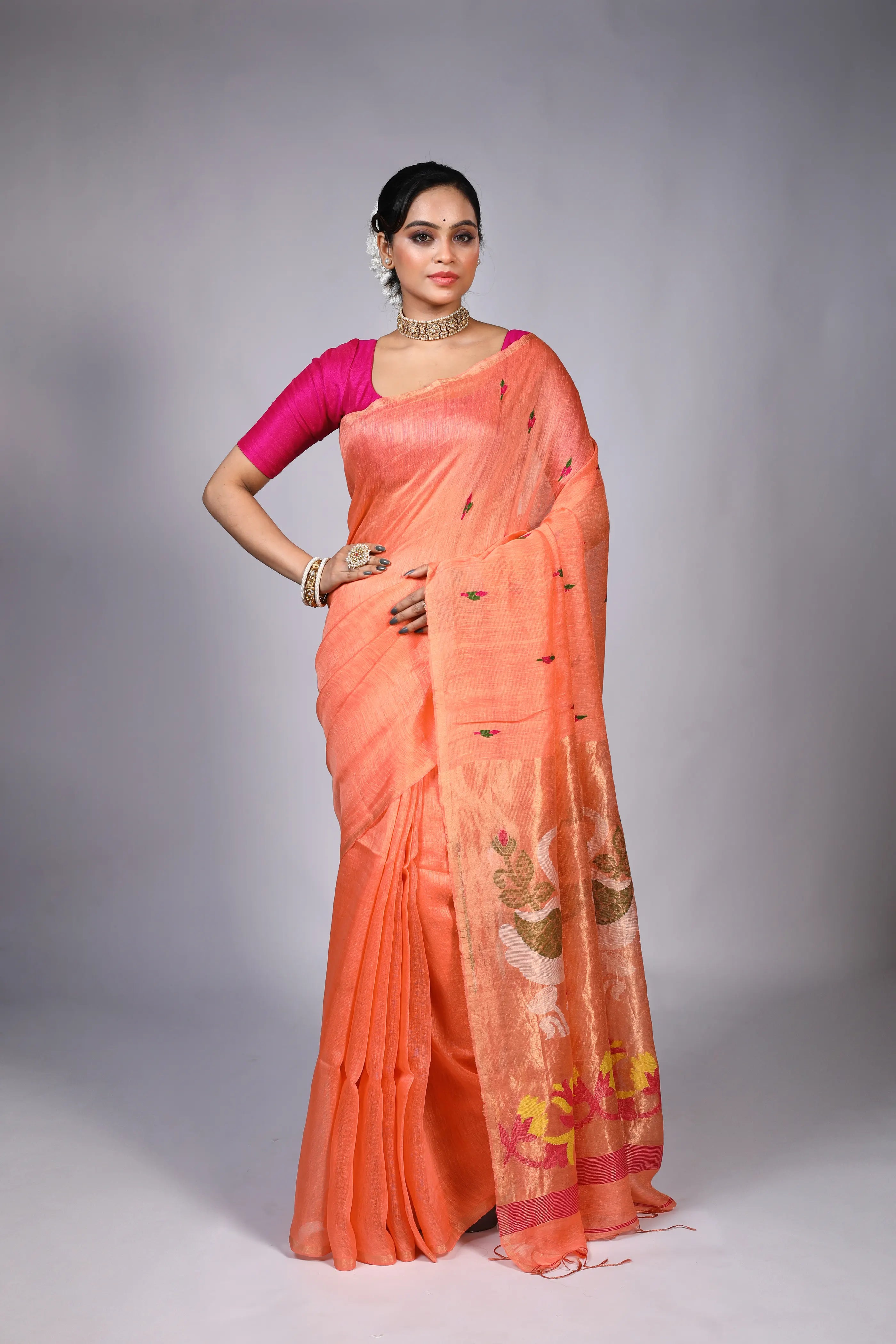 Peach Tissue Linen Saree With Blouse Piece