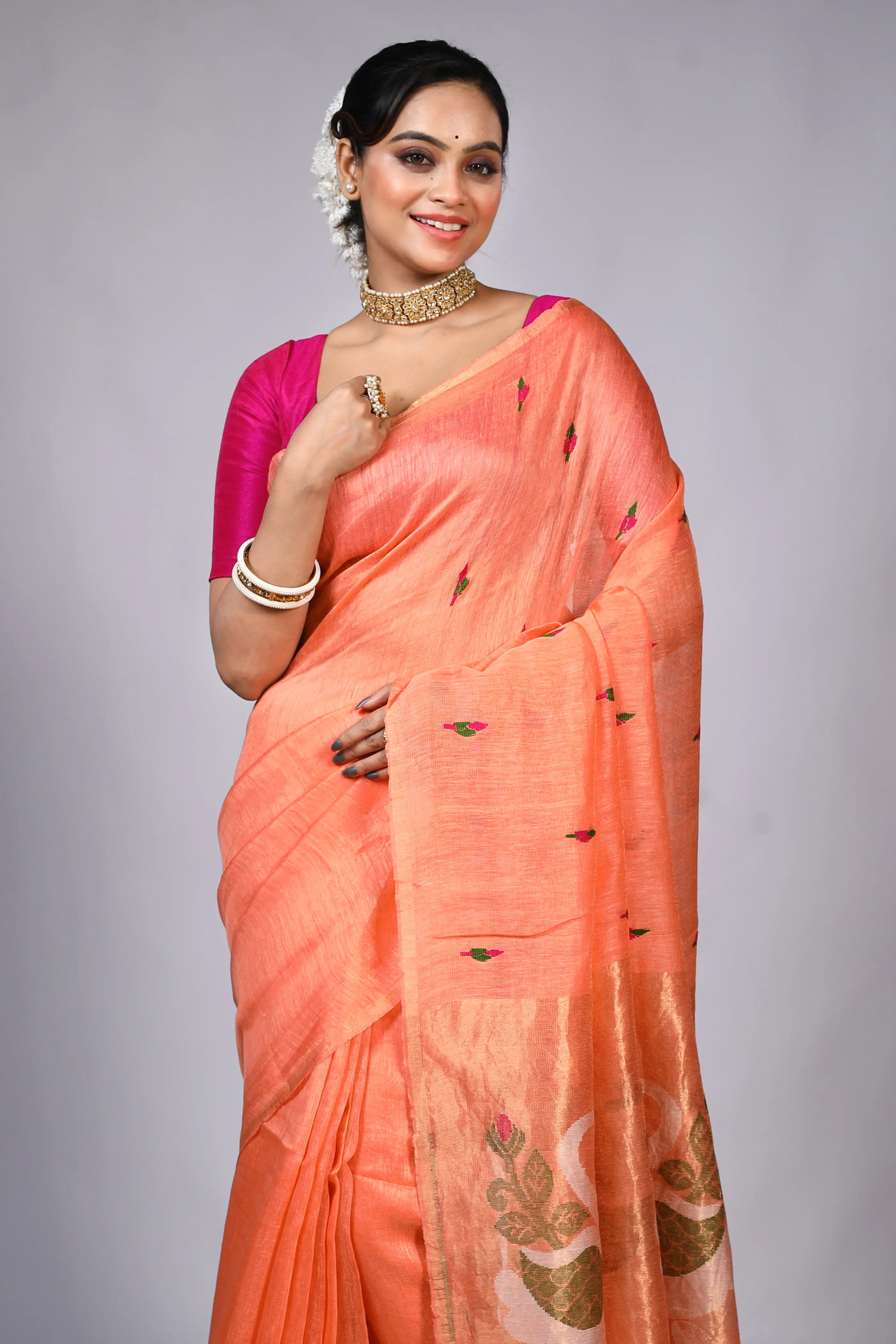 Peach Tissue Linen Saree With Blouse Piece