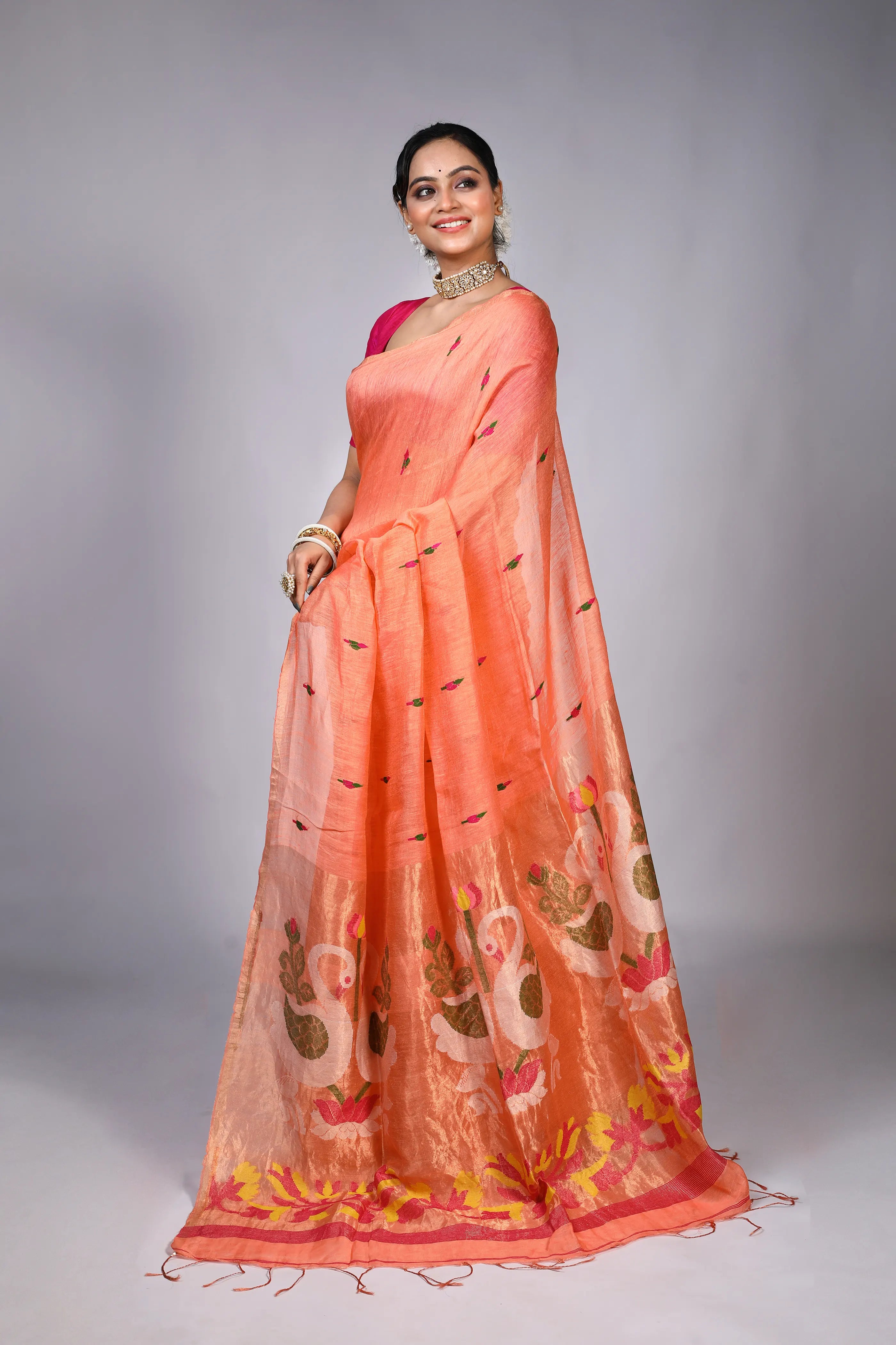 Peach Tissue Linen Saree With Blouse Piece