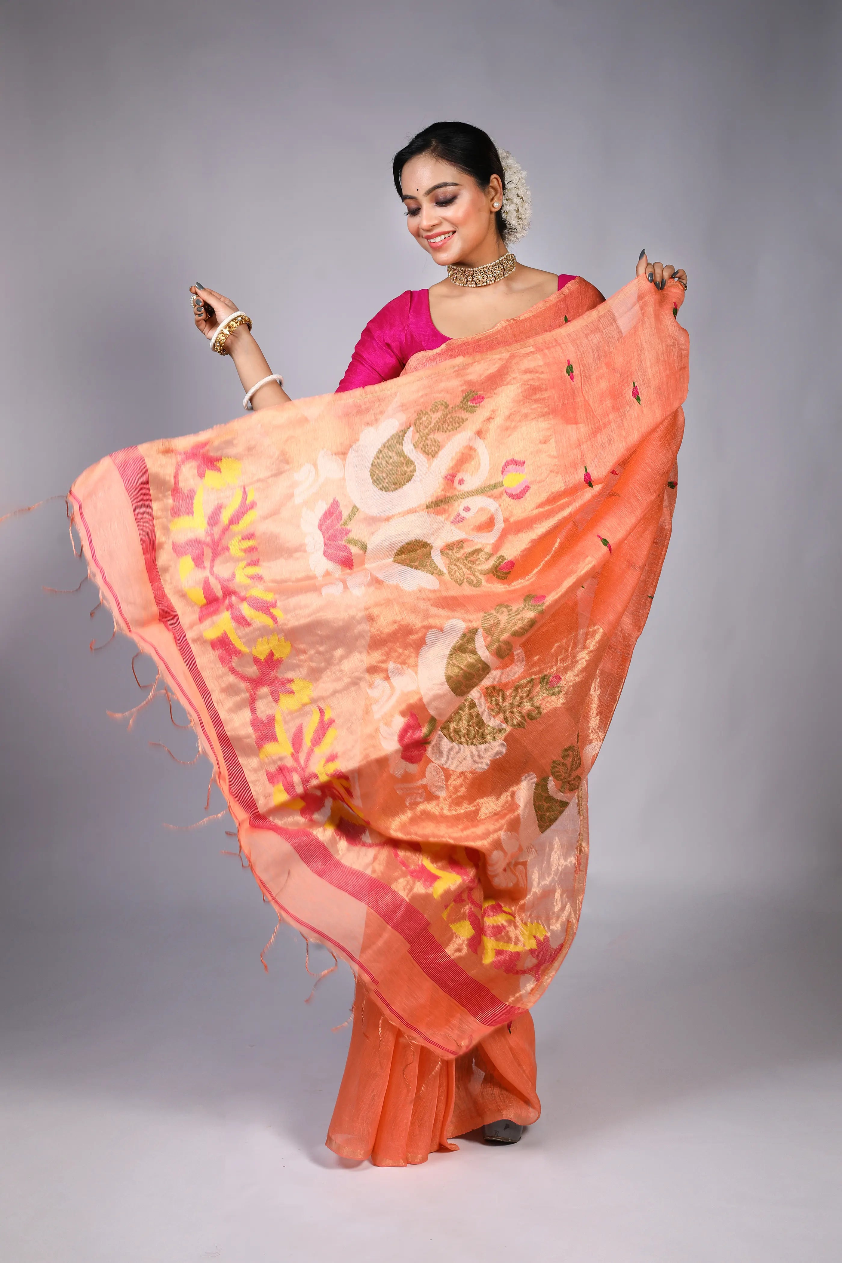 Peach Tissue Linen Saree With Blouse Piece