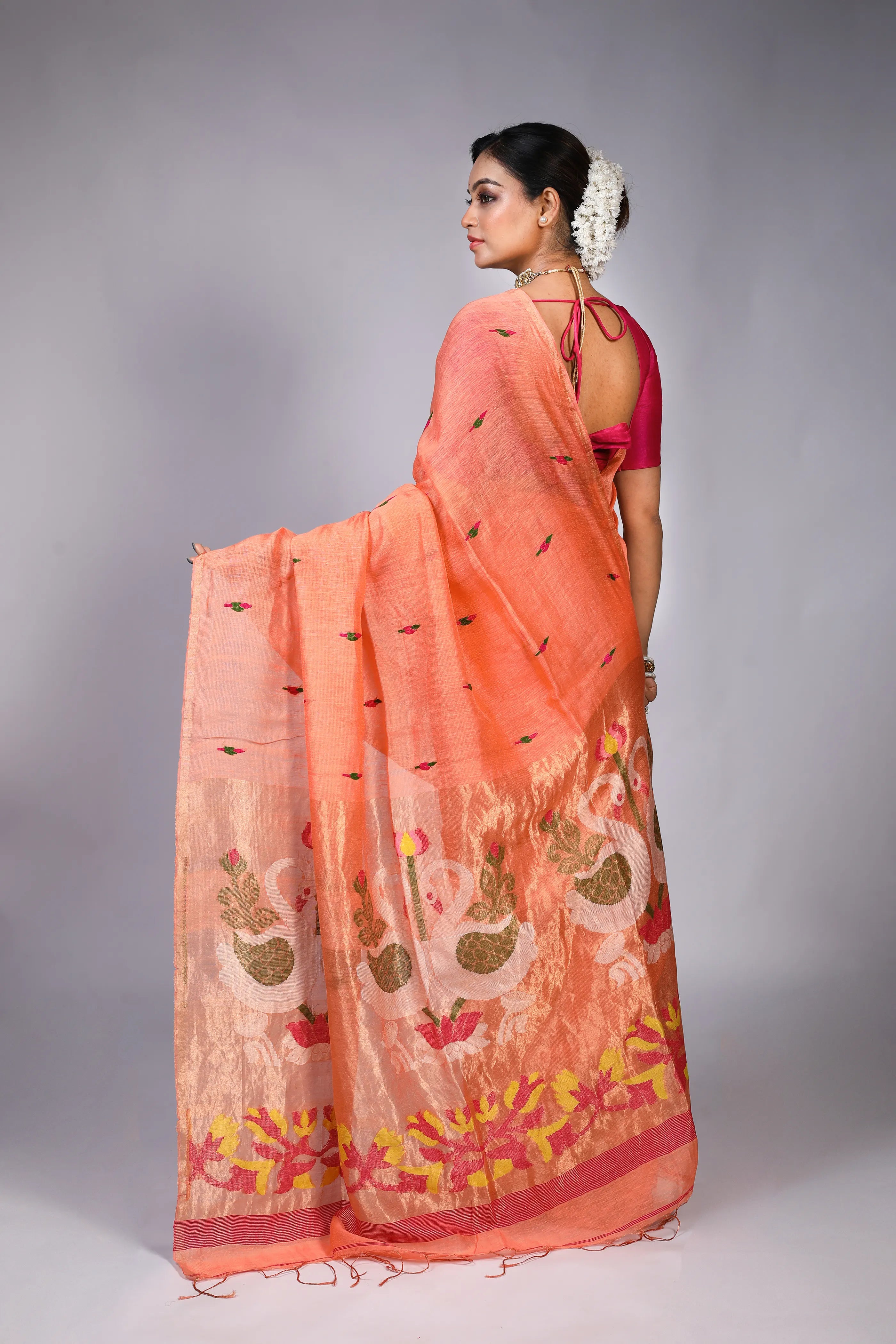 Peach Tissue Linen Saree With Blouse Piece