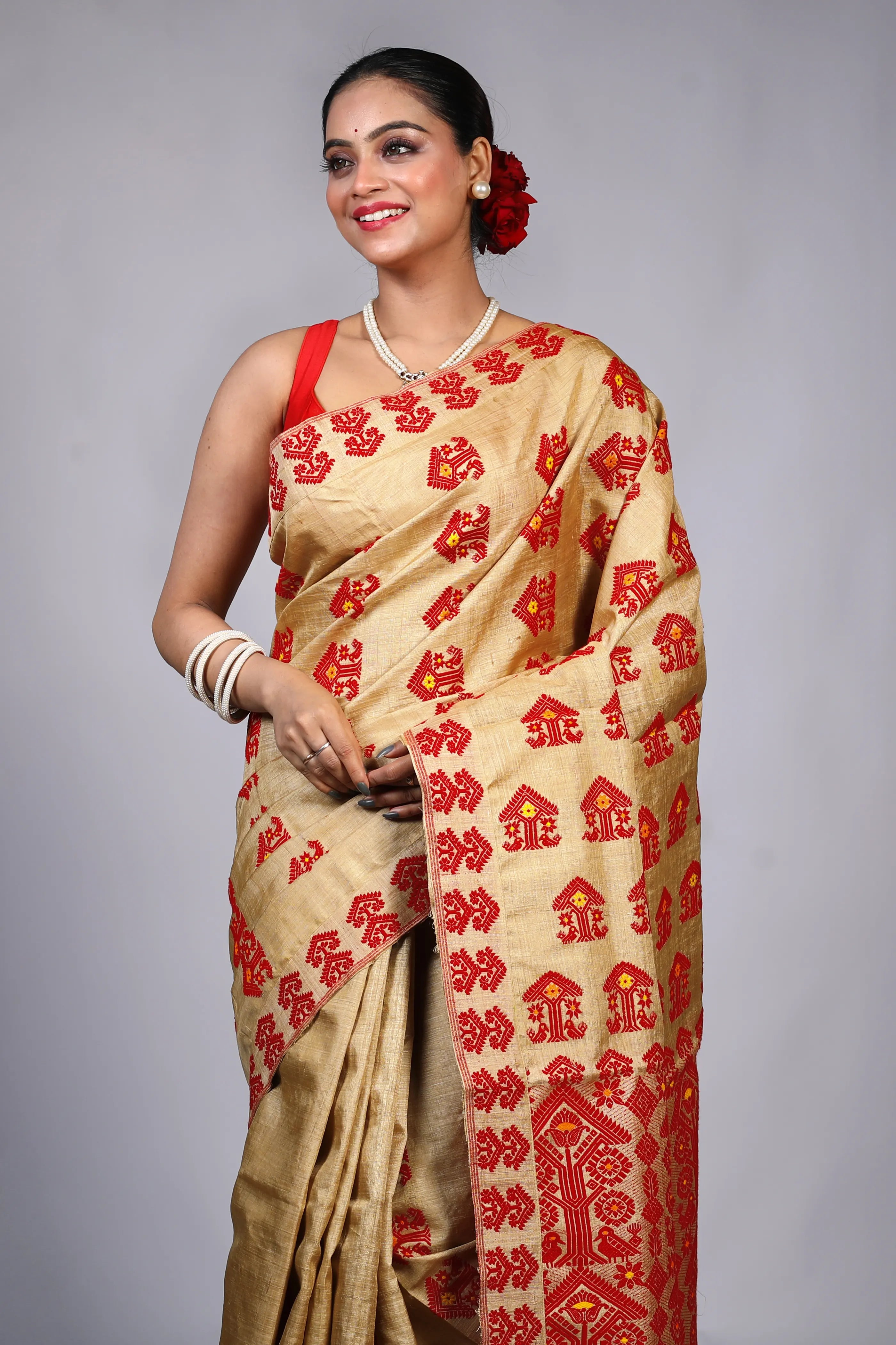Beige Muga Tussar Assam Saree With Blouse Piece