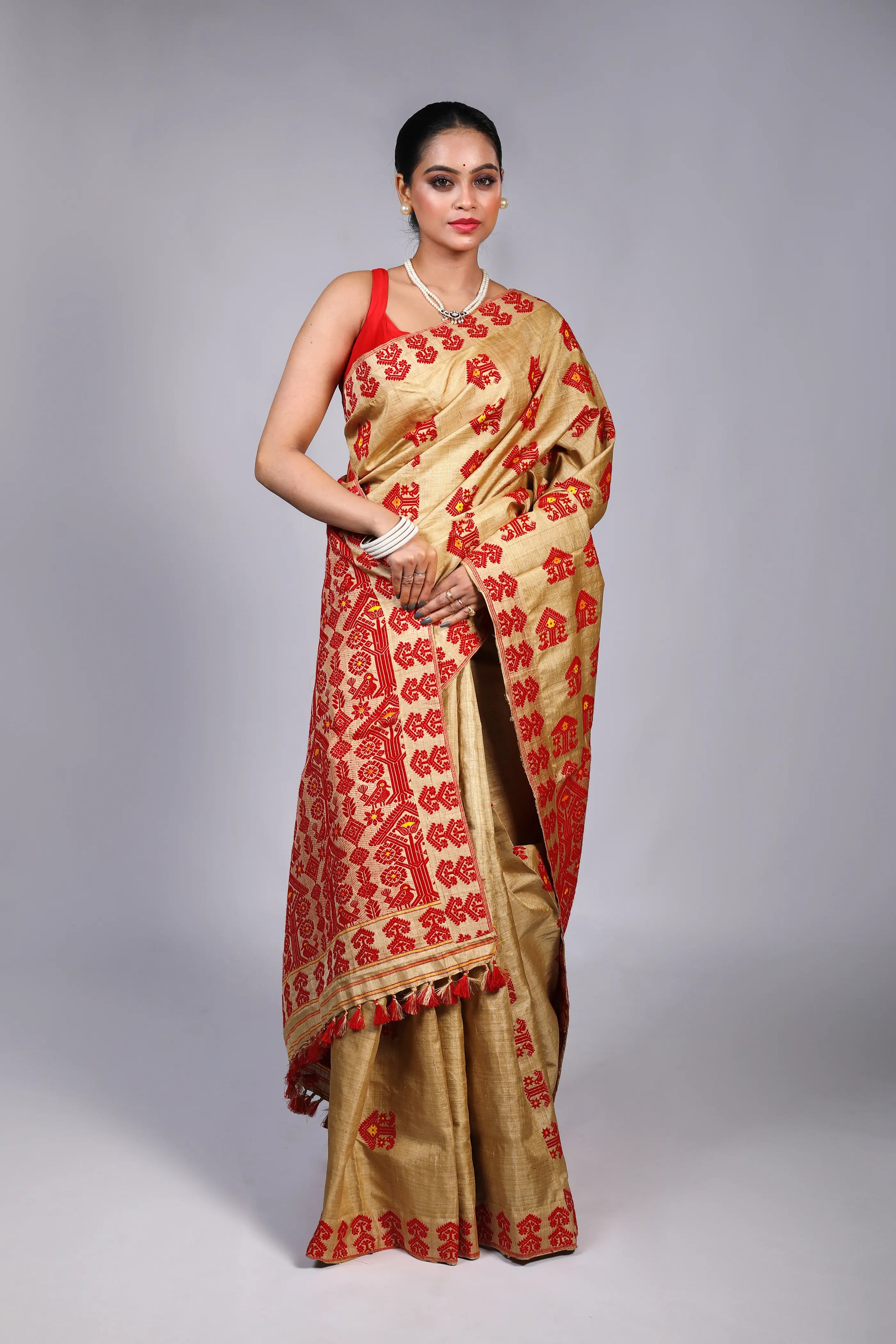 Beige Muga Tussar Assam Saree With Blouse Piece