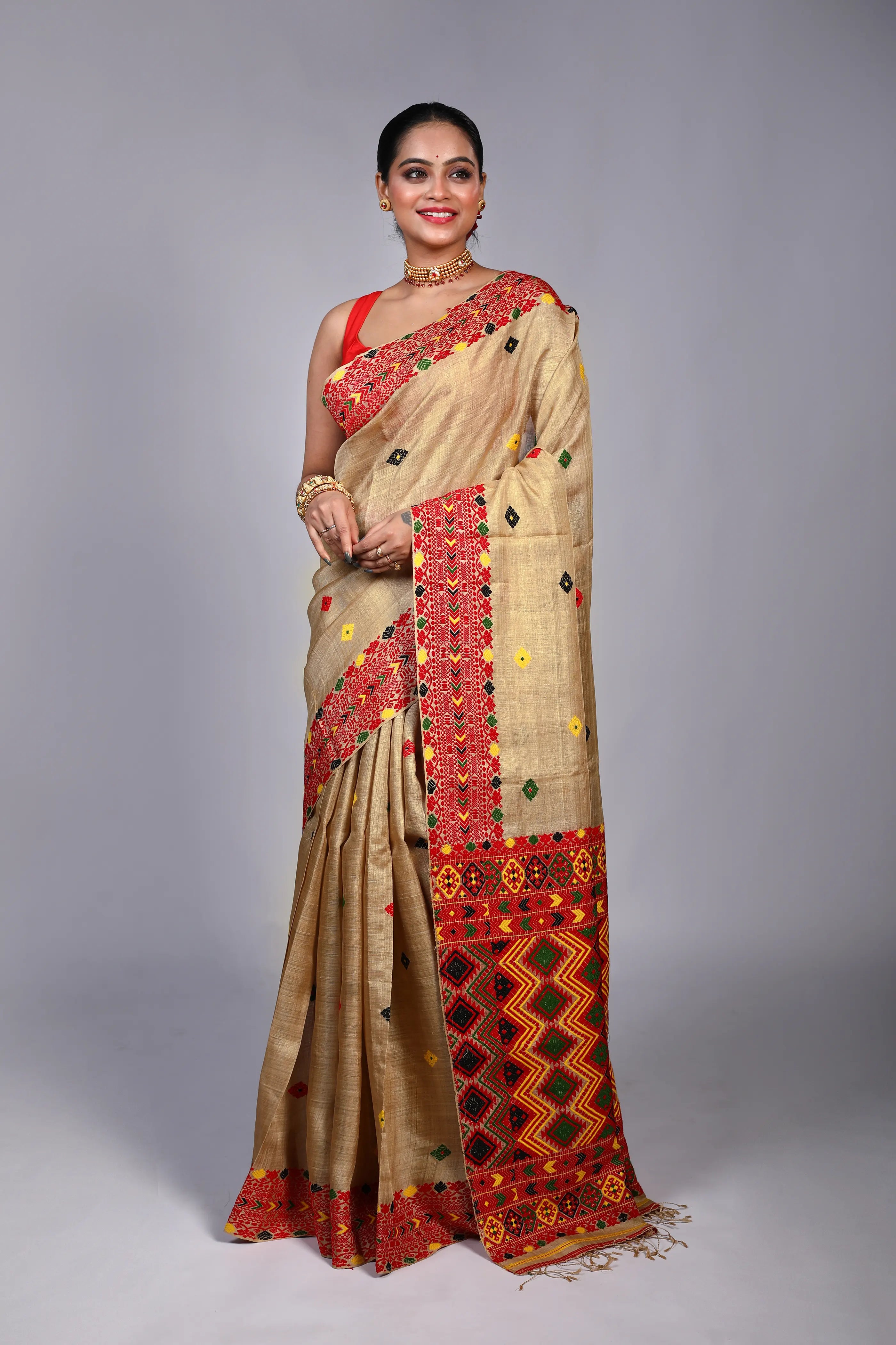 Beige Muga Tussar Assam Saree With Blouse Piece