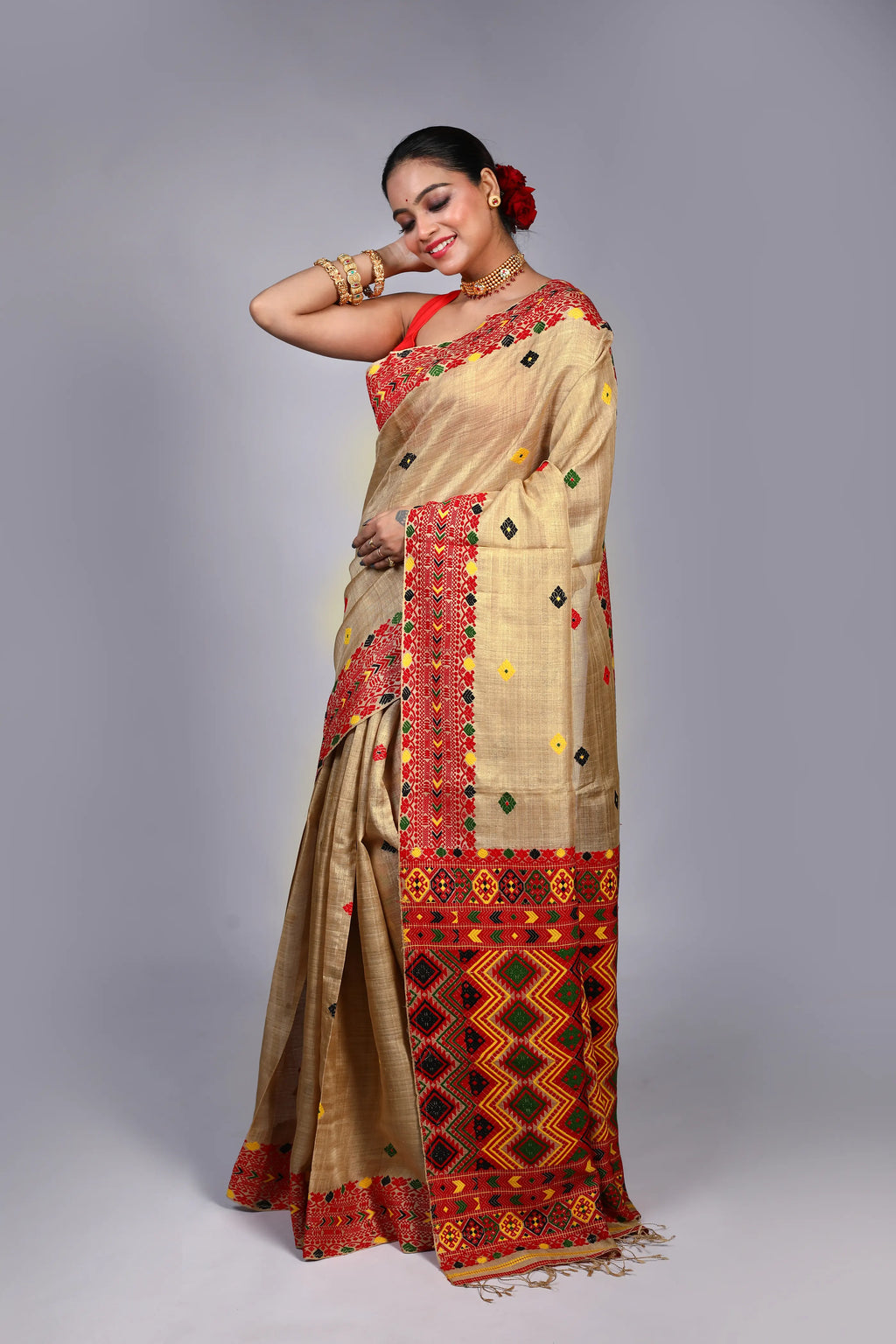 Beige Muga Tussar Assam Saree With Blouse Piece