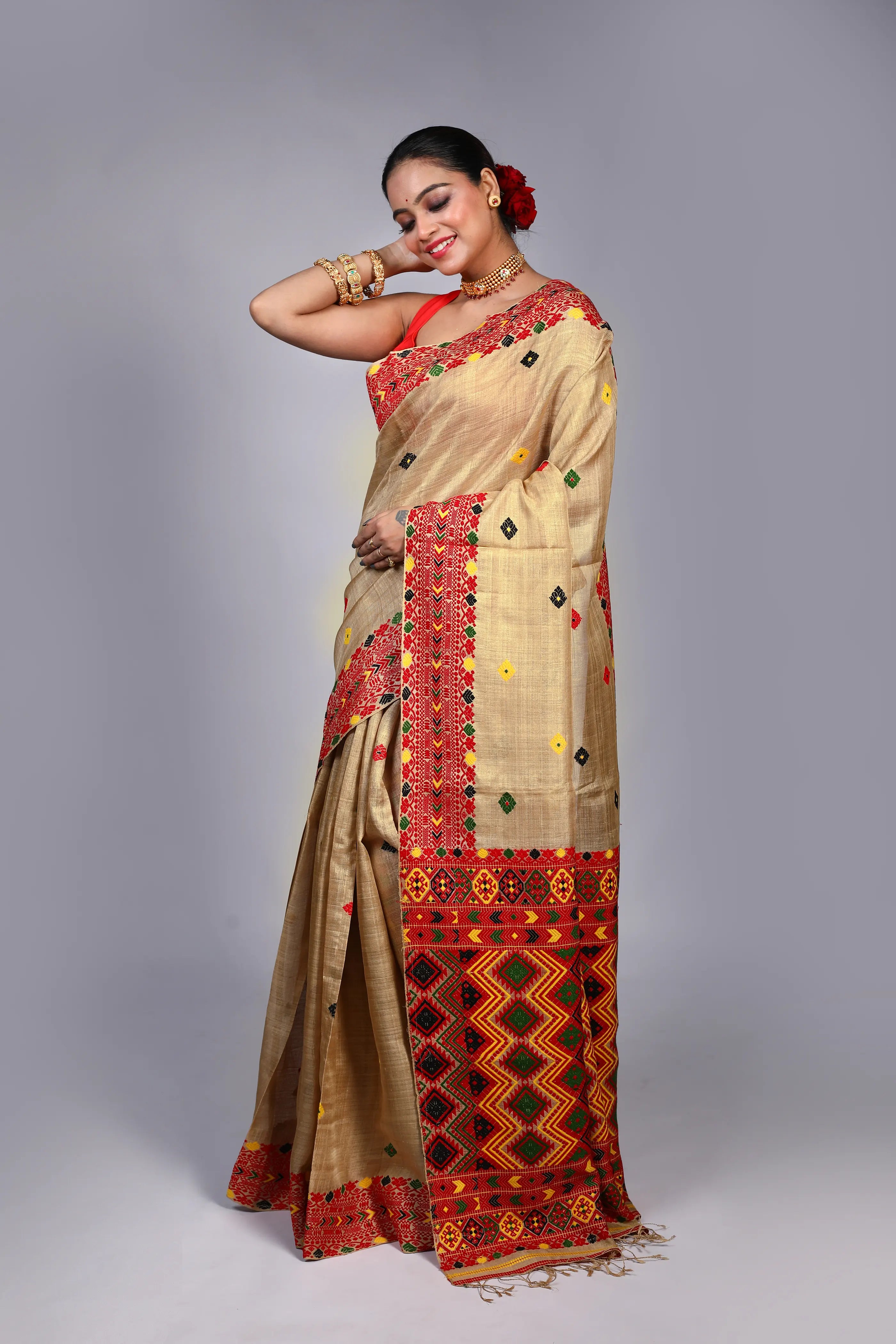 Beige Muga Tussar Assam Saree With Blouse Piece
