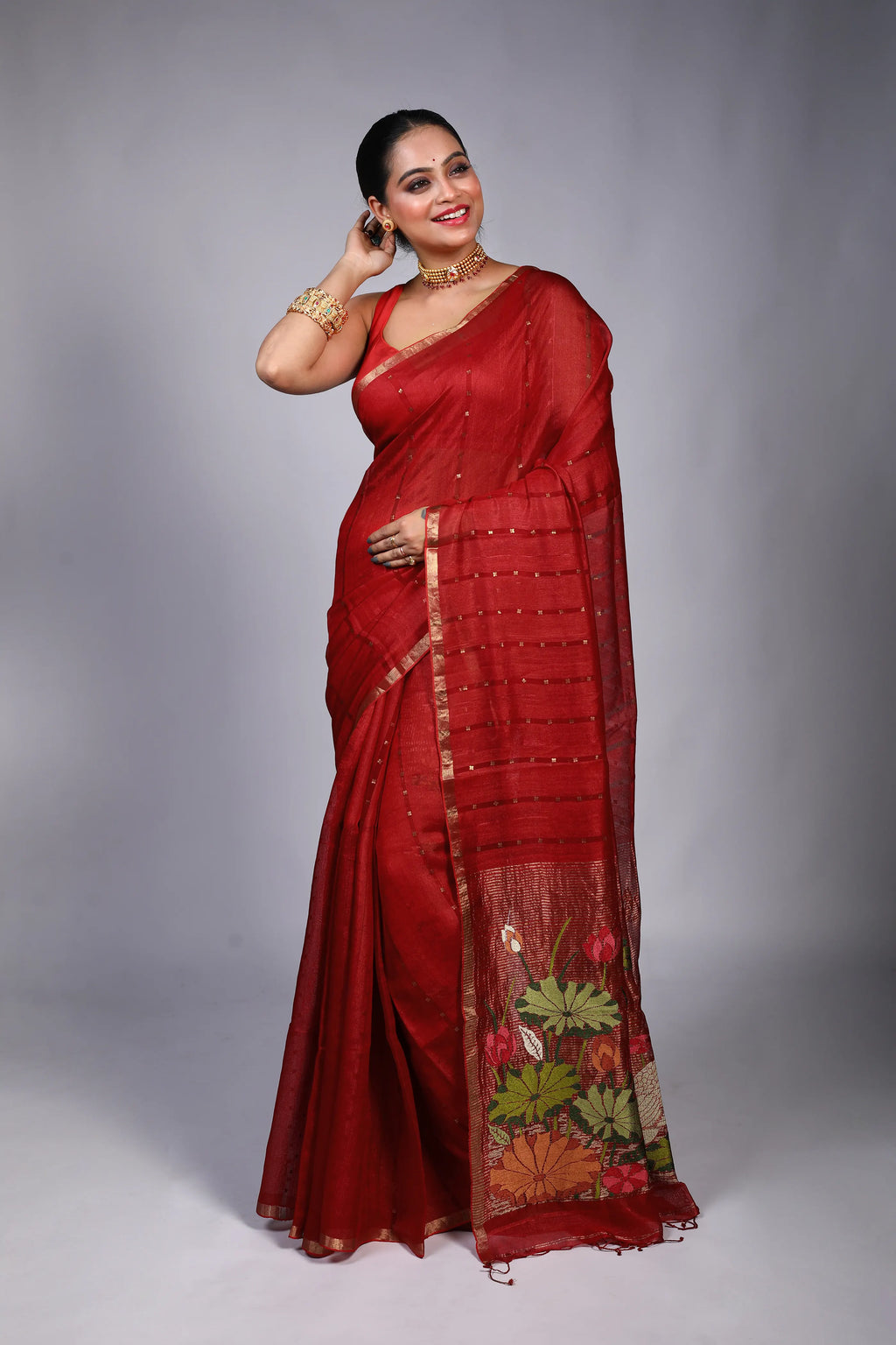 Red Tussar Muslin Saree With Blouse Piece