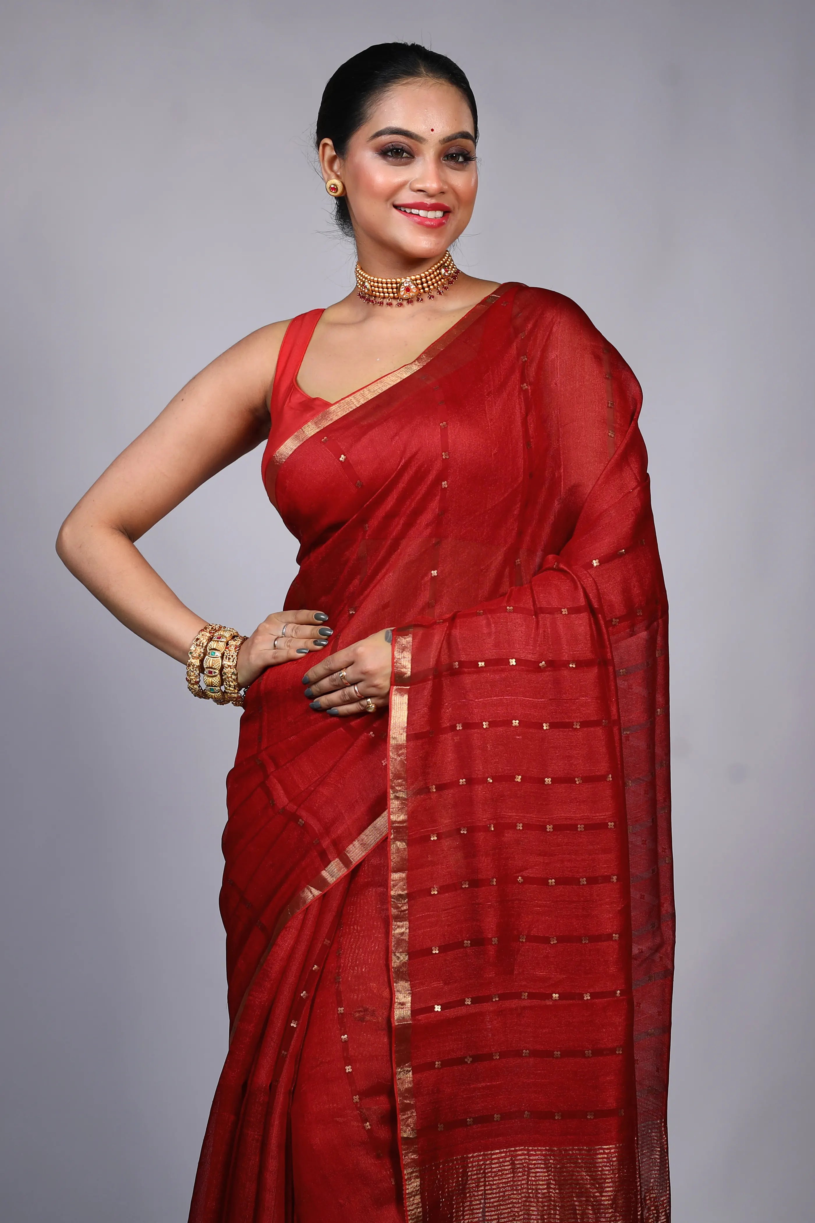 Red Tussar Muslin Saree With Blouse Piece