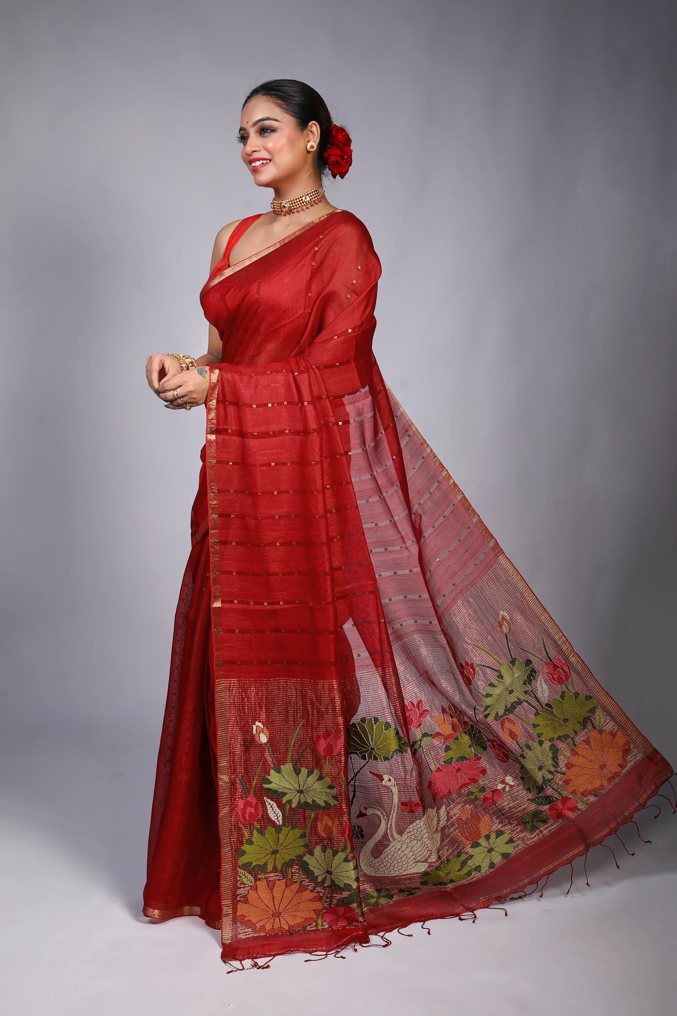Red Tussar Muslin Saree With Blouse Piece