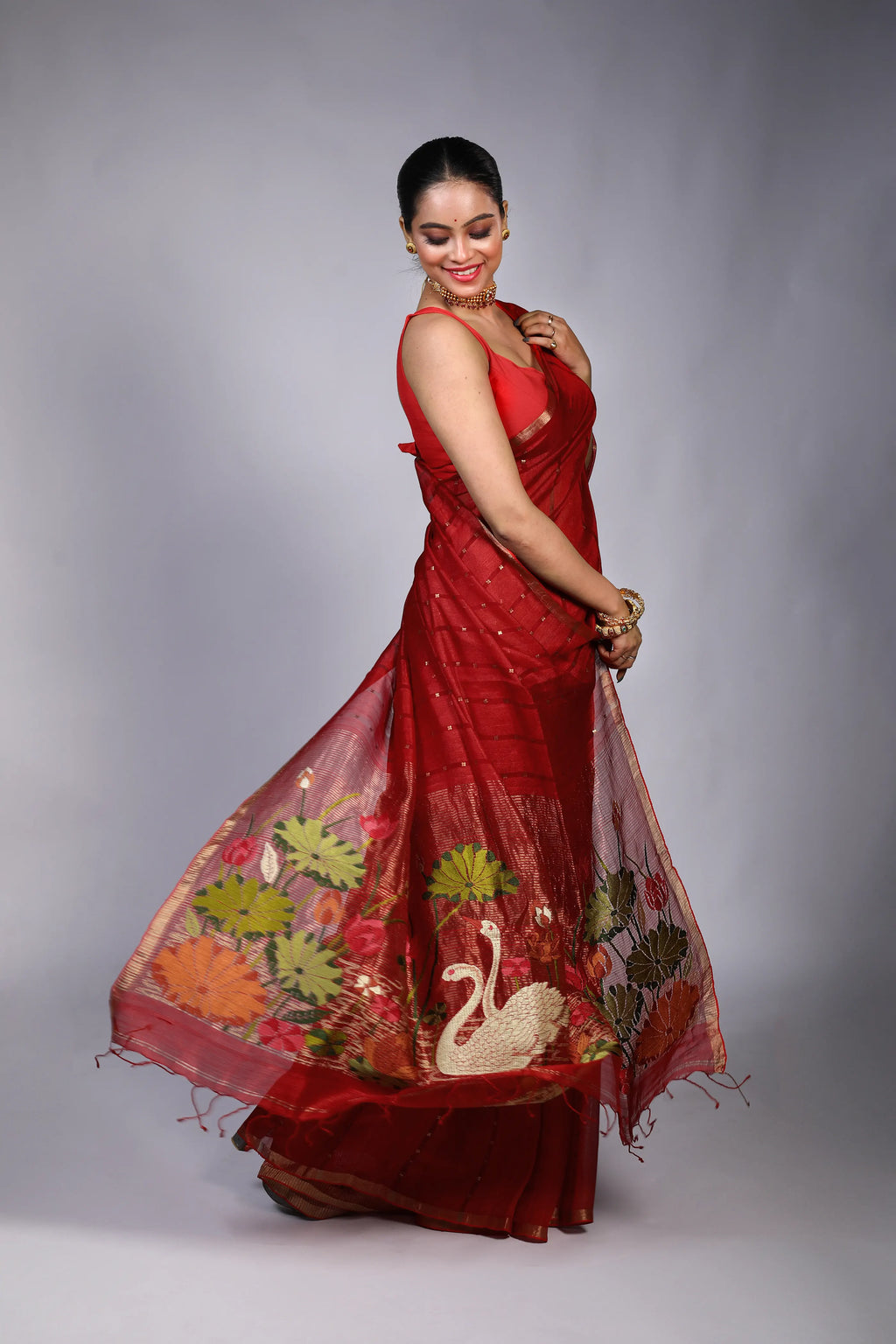 Red Tussar Muslin Saree With Blouse Piece