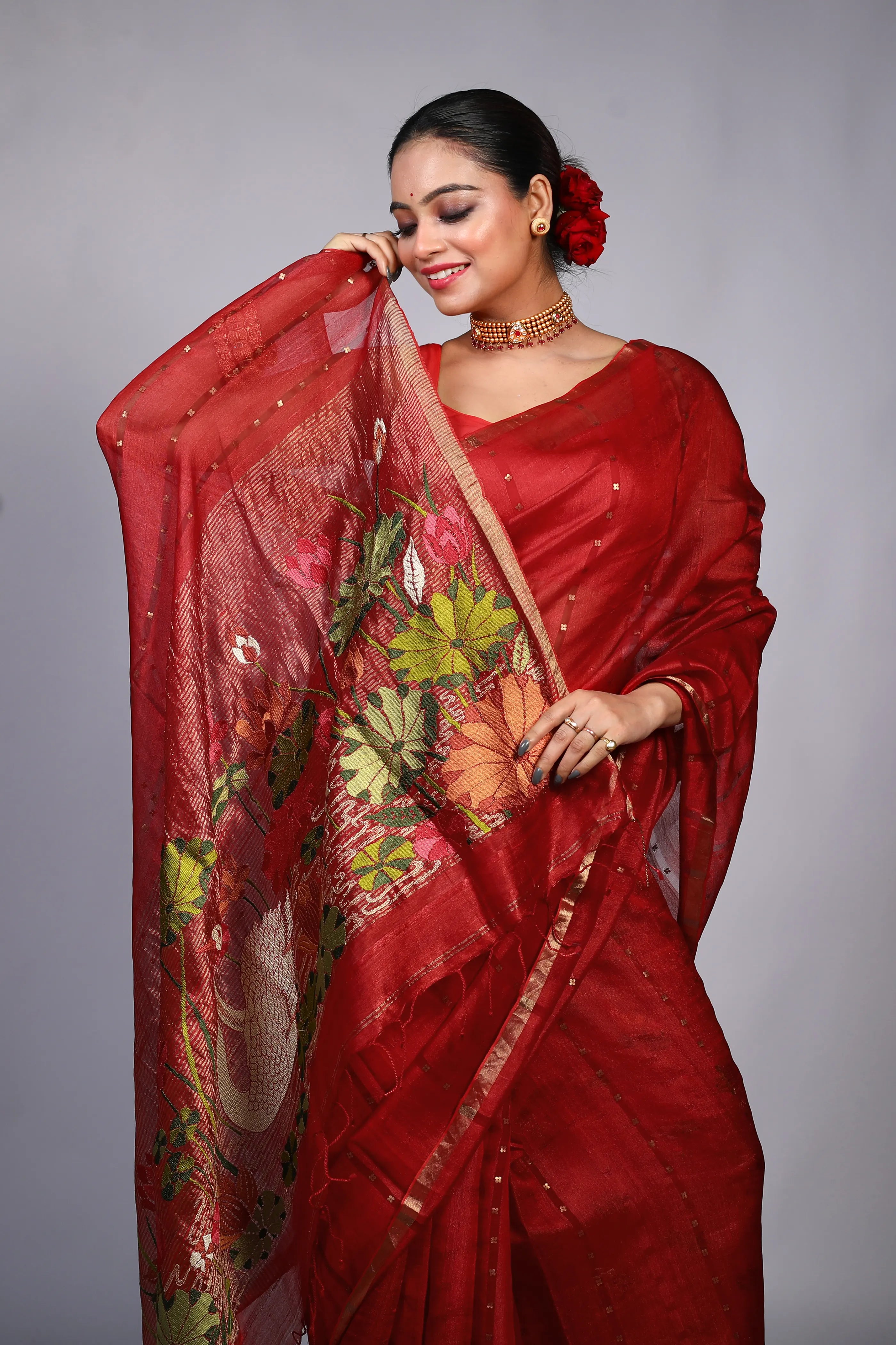 Red Tussar Muslin Saree With Blouse Piece