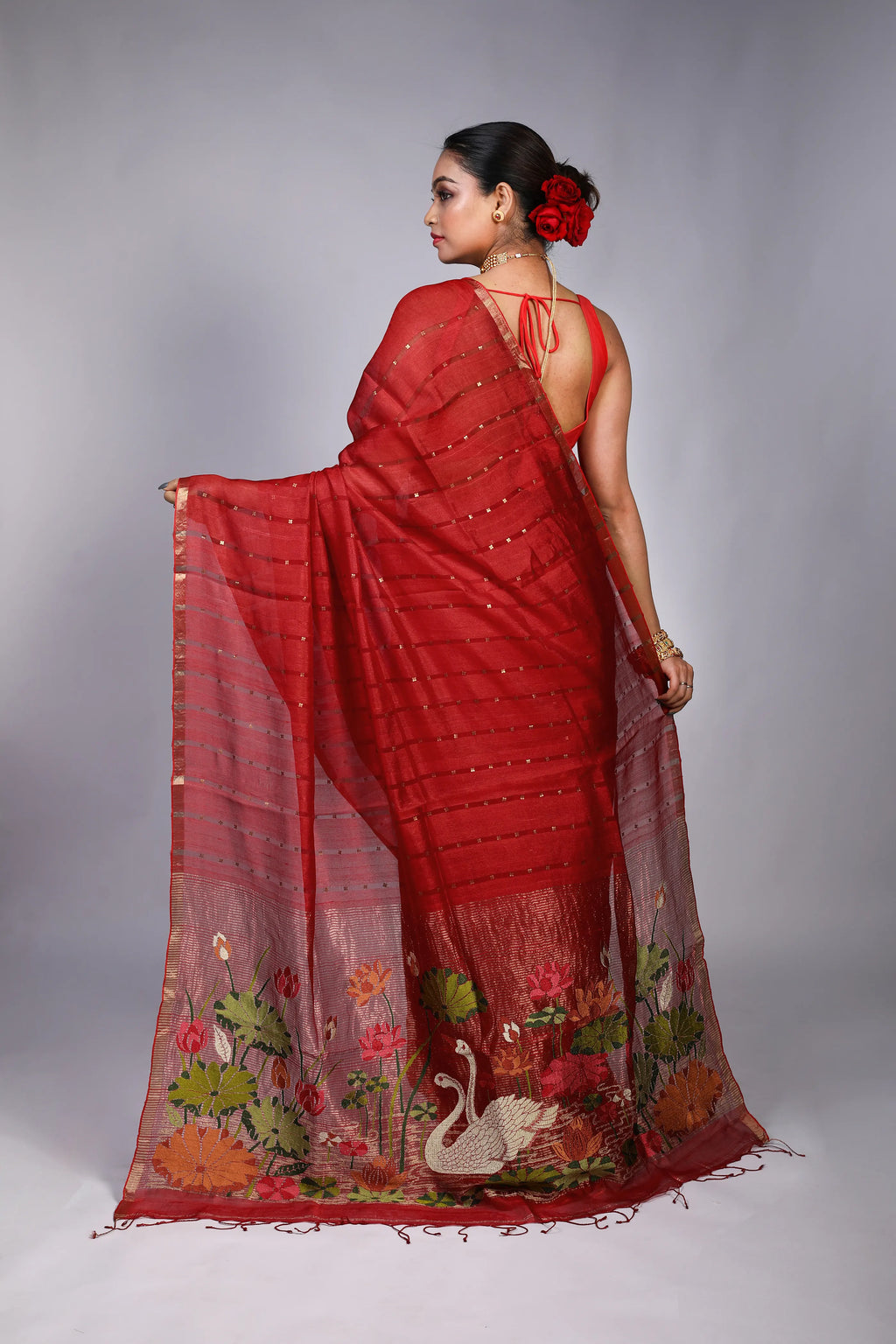 Red Tussar Muslin Saree With Blouse Piece