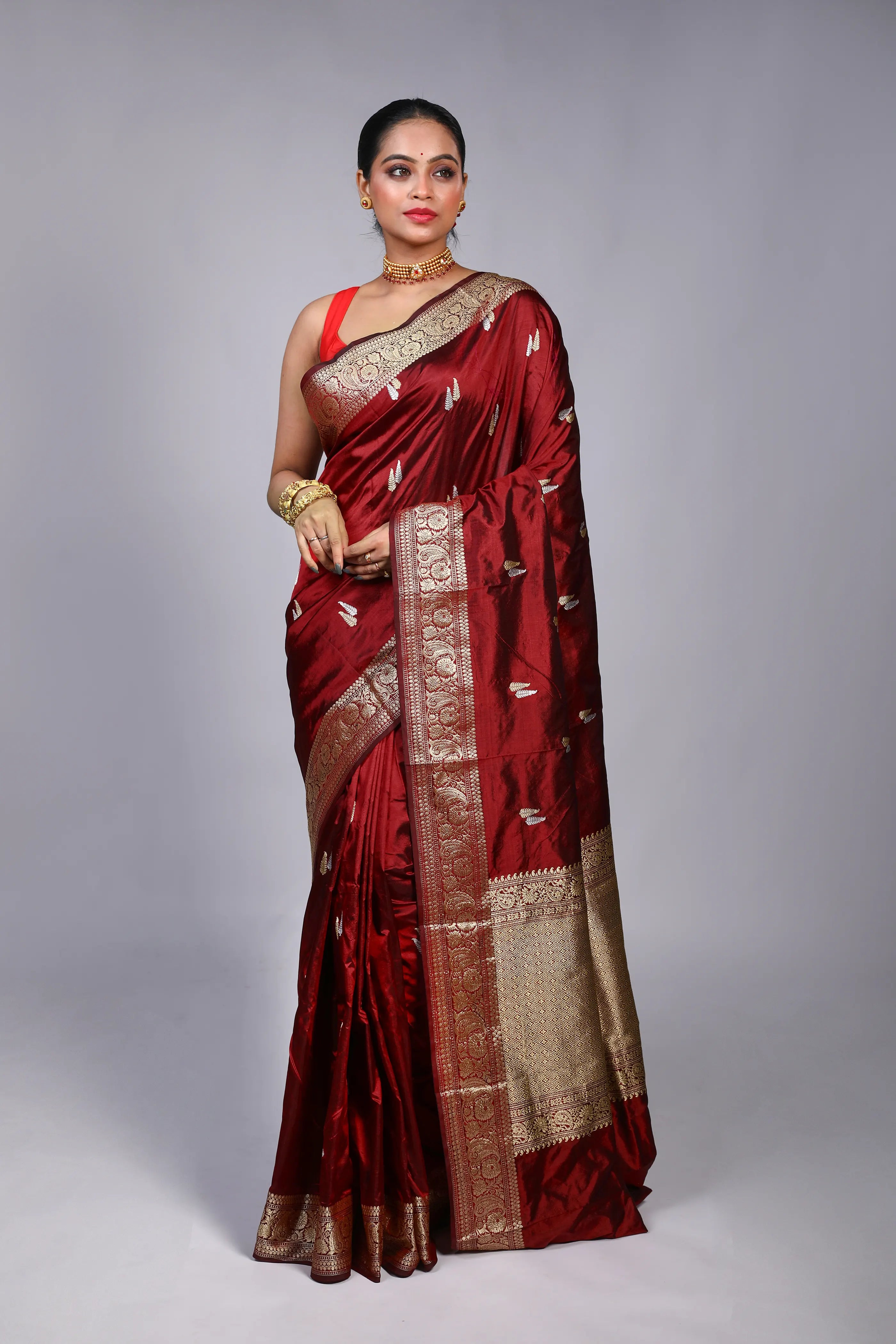 Maroon Katan Banarasi Saree With Blouse Piece