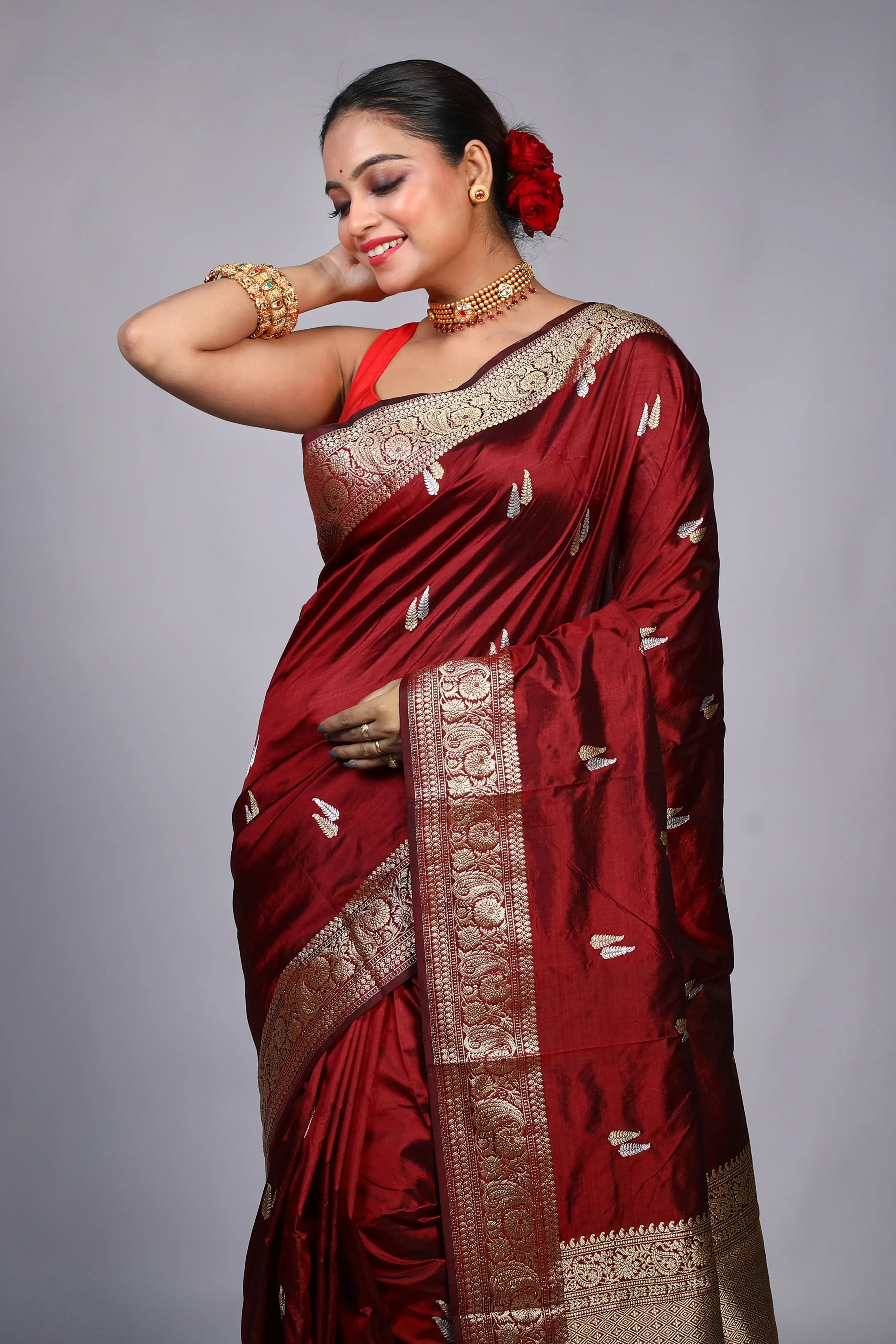 Maroon Katan Banarasi Saree With Blouse Piece
