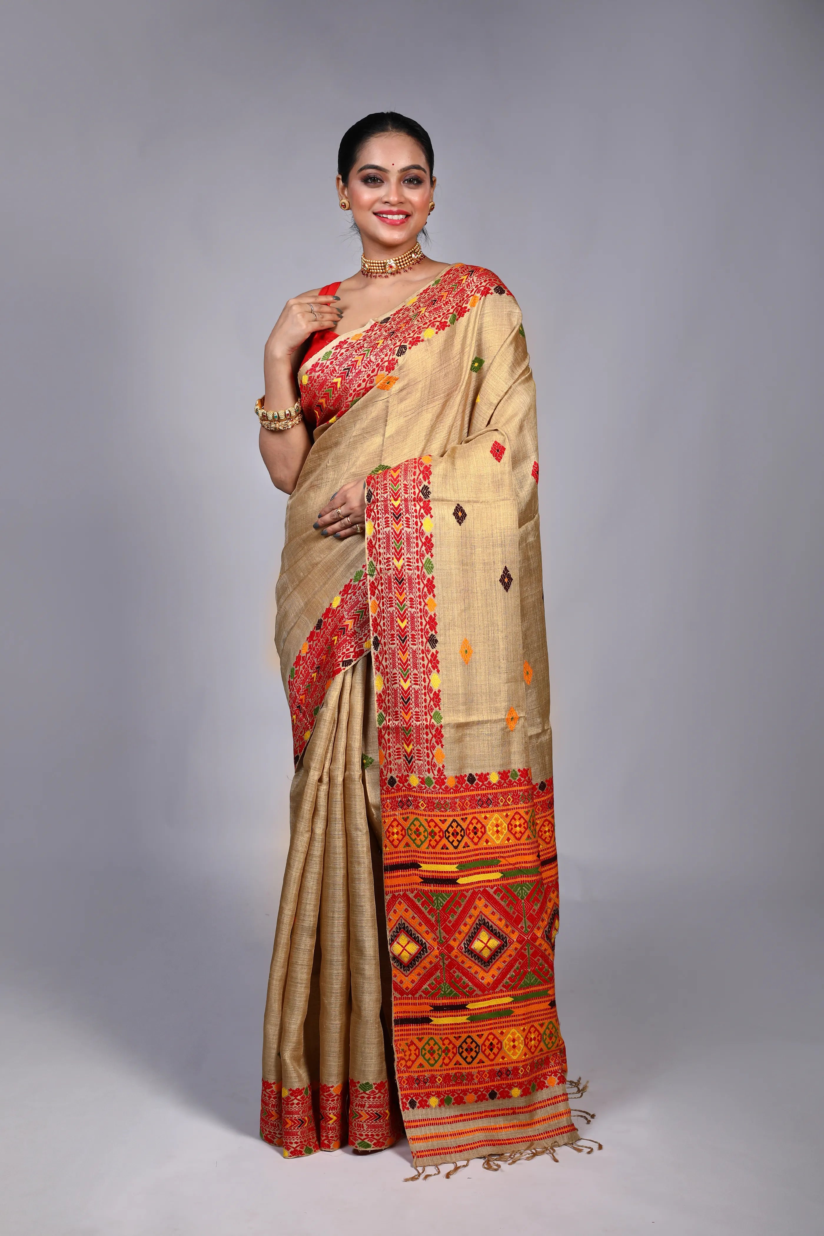Beige Muga Silk Assam Saree With Blouse Piece