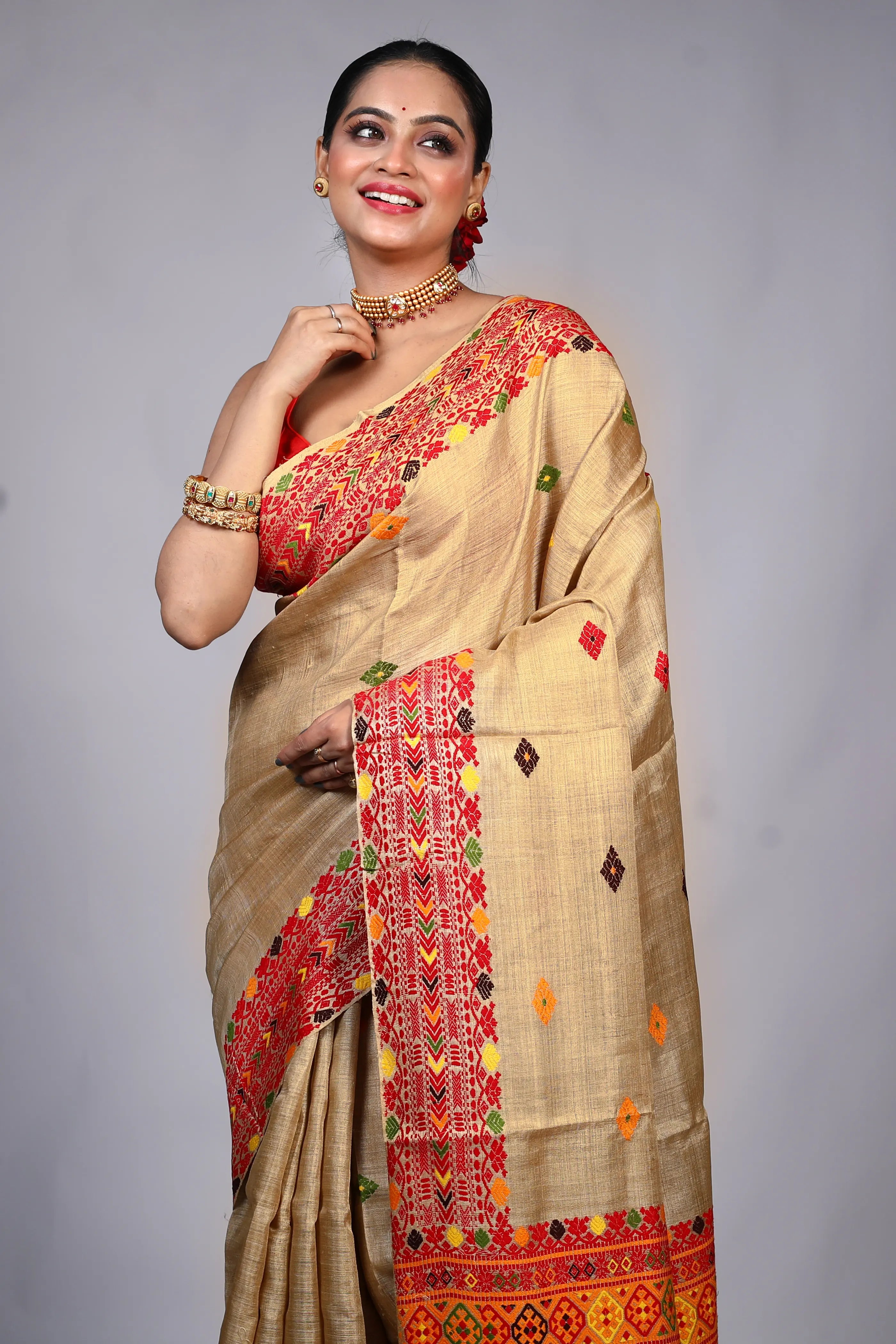 Beige Muga Silk Assam Saree With Blouse Piece