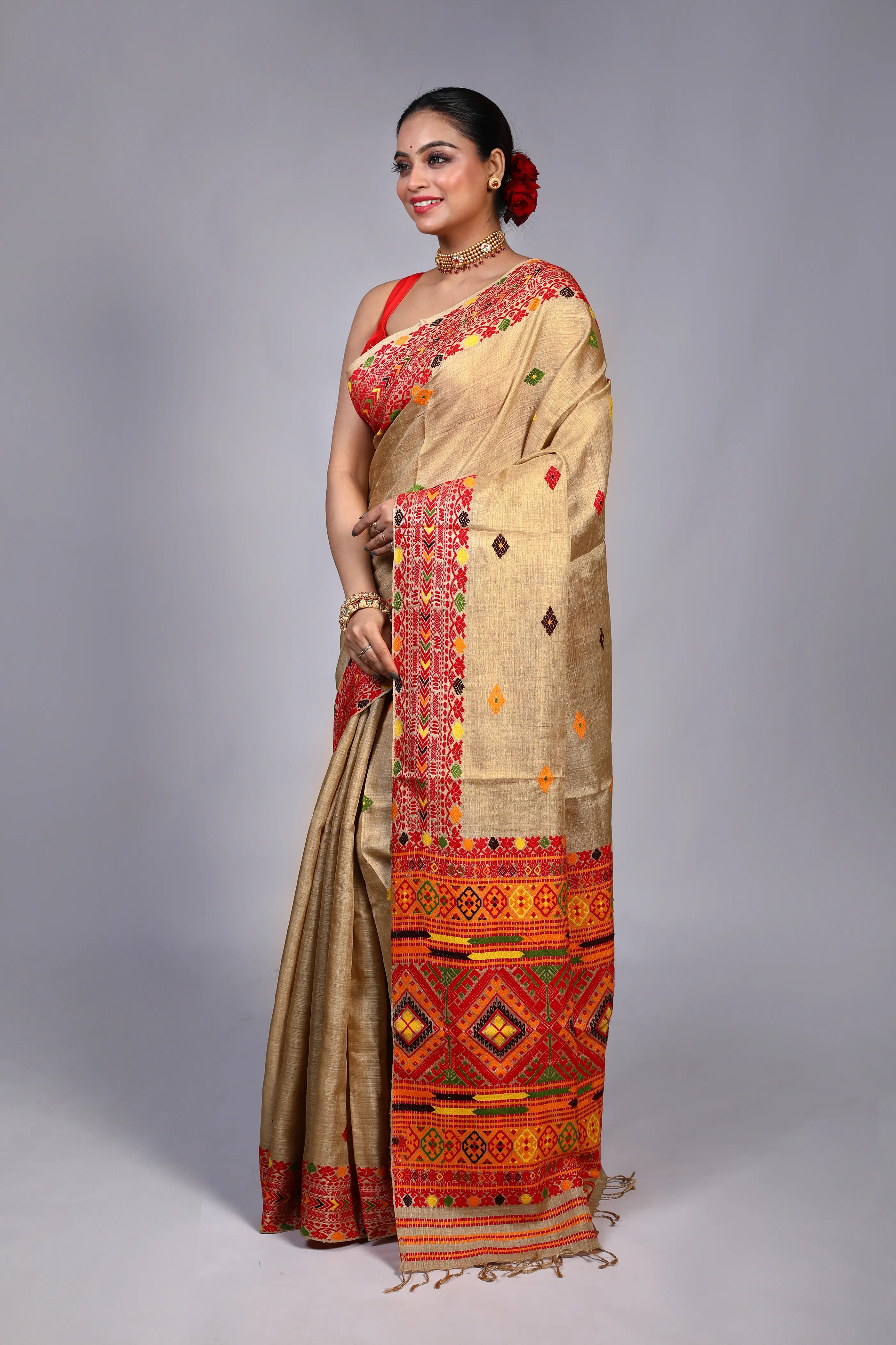 Beige Muga Silk Assam Saree With Blouse Piece